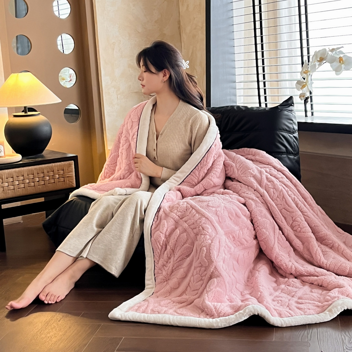 91家纺网 家纺一手货源 找家纺 欧邦 2025新款A类提花舒棉绒双面绒半边绒单层毯毯子毛毯 公主粉