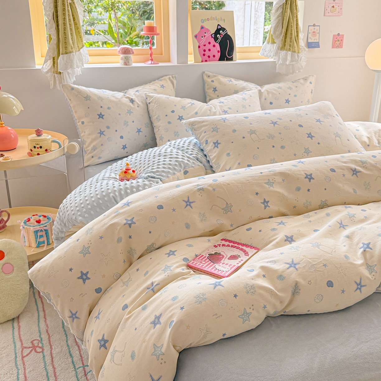 91家纺网 家纺一手货源 找家纺 简宜家居（朝初家纺） 2025新款全棉安抚豆豆绒卡通印花小清新四件套 海星贝贝