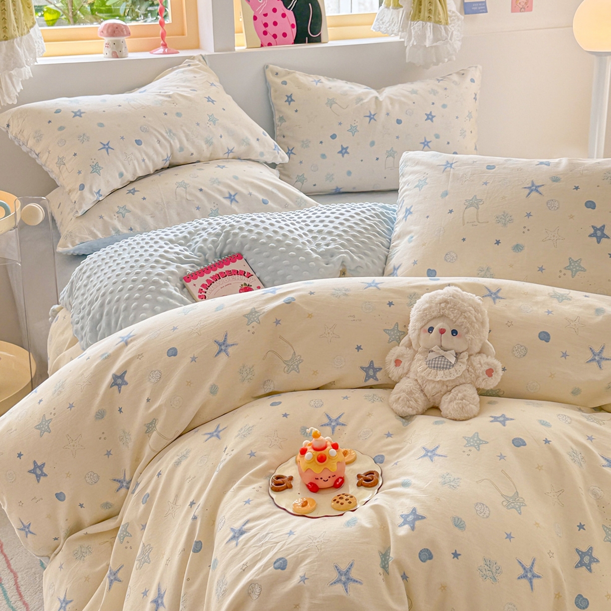 91家纺网 家纺一手货源 找家纺 简宜家居（朝初家纺） 2025新款全棉安抚豆豆绒卡通印花小清新四件套 海星贝贝