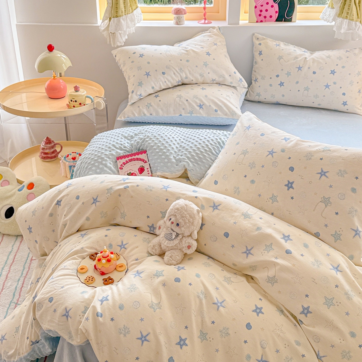91家纺网 家纺一手货源 找家纺 简宜家居（朝初家纺） 2025新款全棉安抚豆豆绒卡通印花小清新四件套 海星贝贝