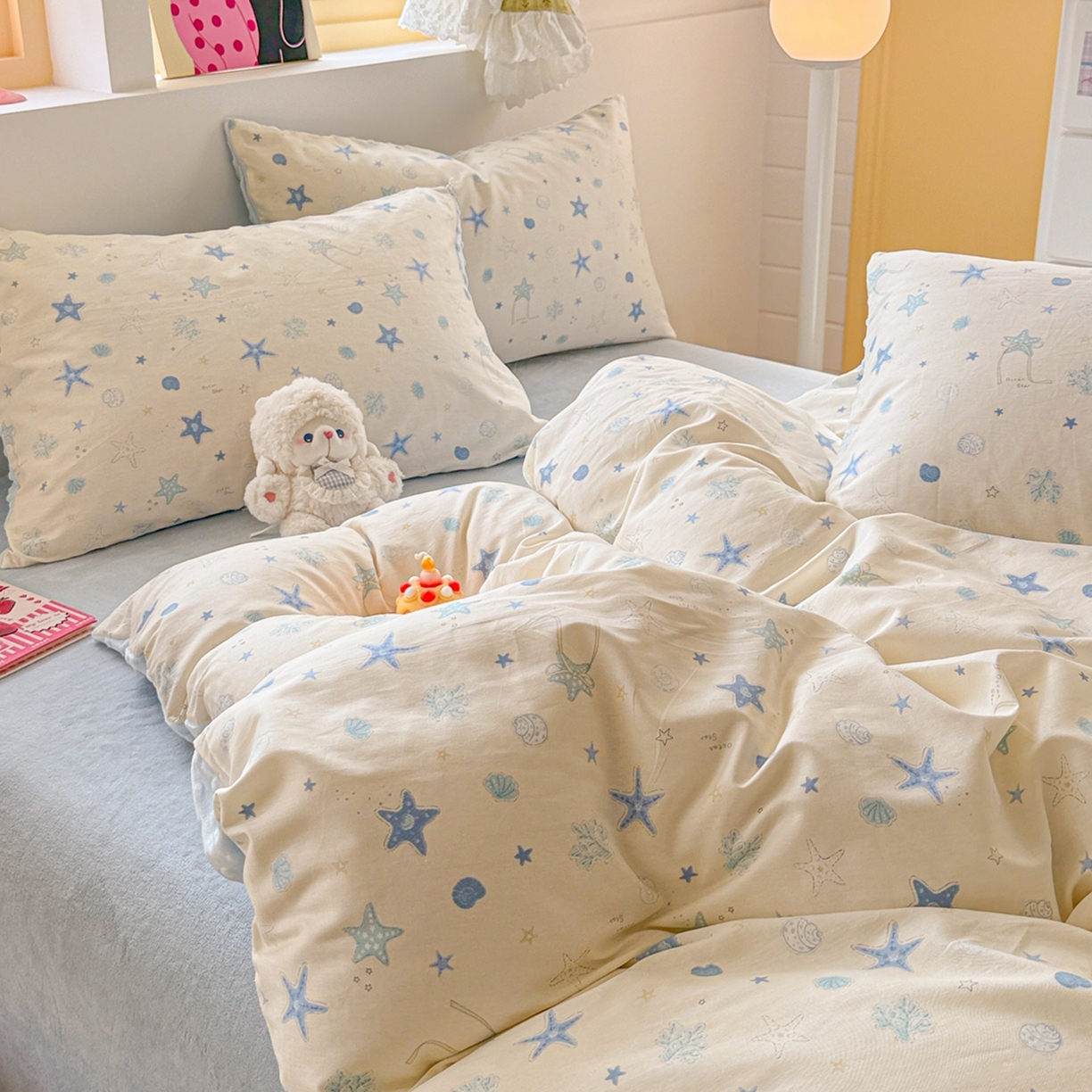 91家纺网 家纺一手货源 找家纺 简宜家居（朝初家纺） 2025新款全棉安抚豆豆绒卡通印花小清新四件套 海星贝贝