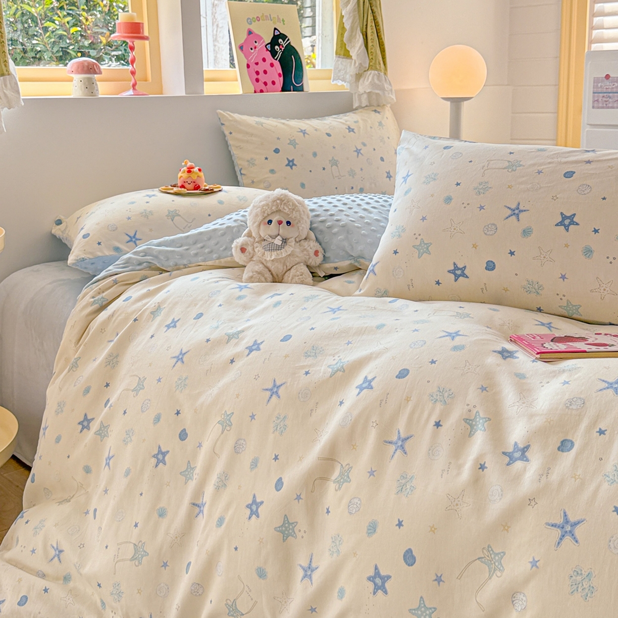 91家纺网 家纺一手货源 找家纺 简宜家居（朝初家纺） 2025新款全棉安抚豆豆绒卡通印花小清新四件套 海星贝贝