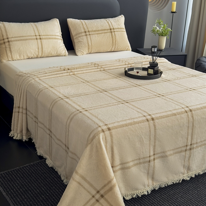 家之硕家纺 2025新款高克重兔毛绒轻奢风床单系列 格子咖