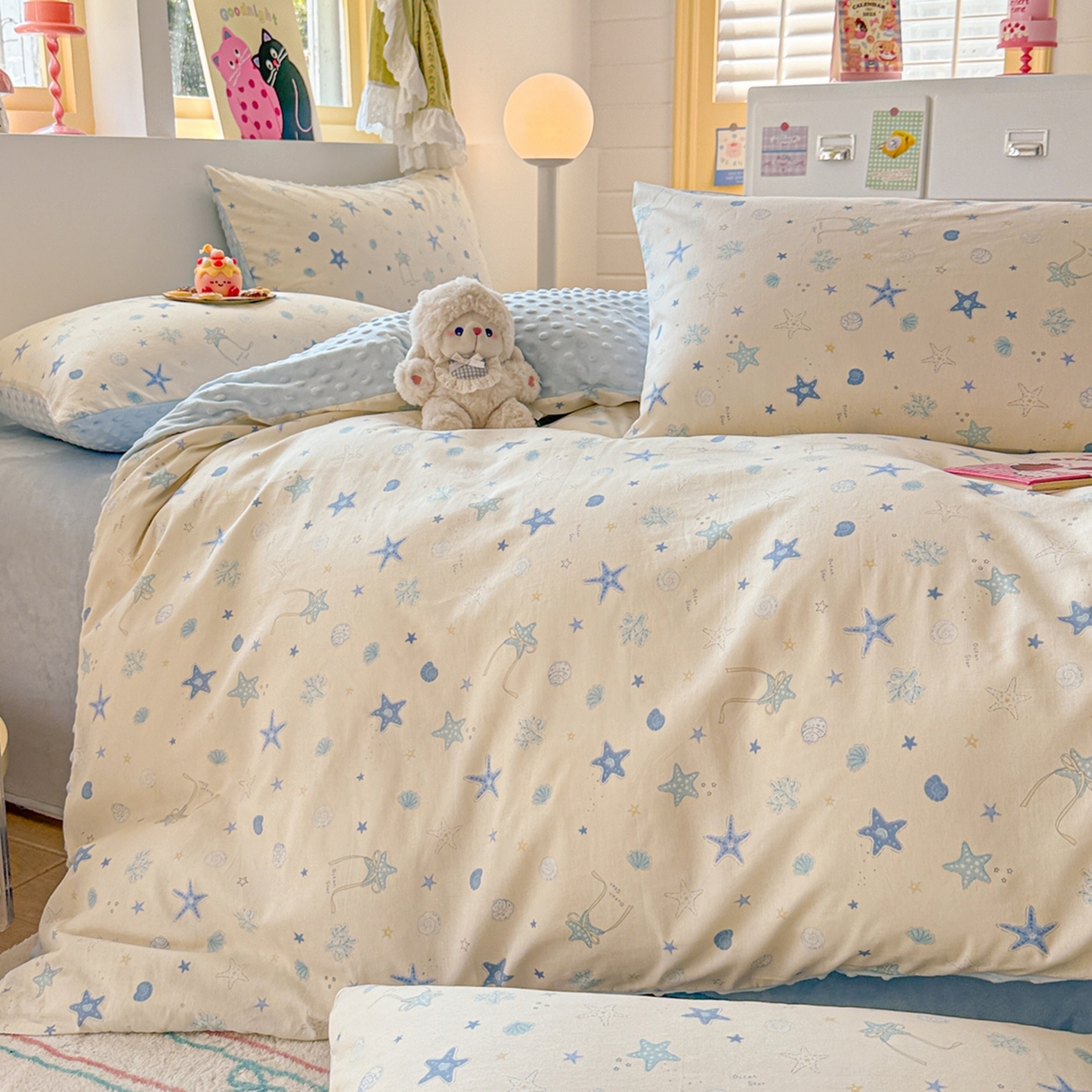 91家纺网 家纺一手货源 找家纺 简宜家居（朝初家纺） 2025新款全棉安抚豆豆绒卡通印花小清新四件套 海星贝贝