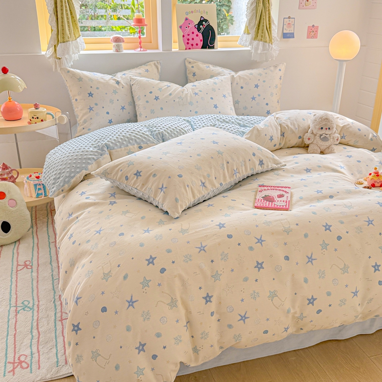 91家纺网 家纺一手货源 找家纺 简宜家居（朝初家纺） 2025新款全棉安抚豆豆绒卡通印花小清新四件套 海星贝贝