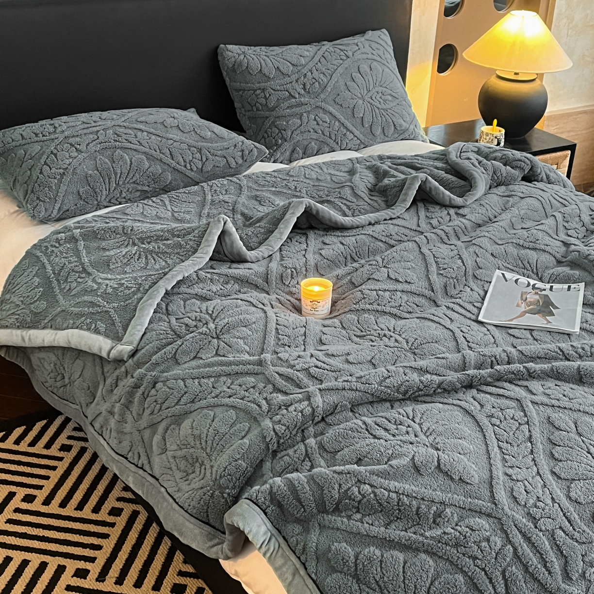 91家纺网 家纺一手货源 找家纺 欧邦 2025新款A类提花舒棉绒双面绒半边绒单层毯毯子毛毯 深灰