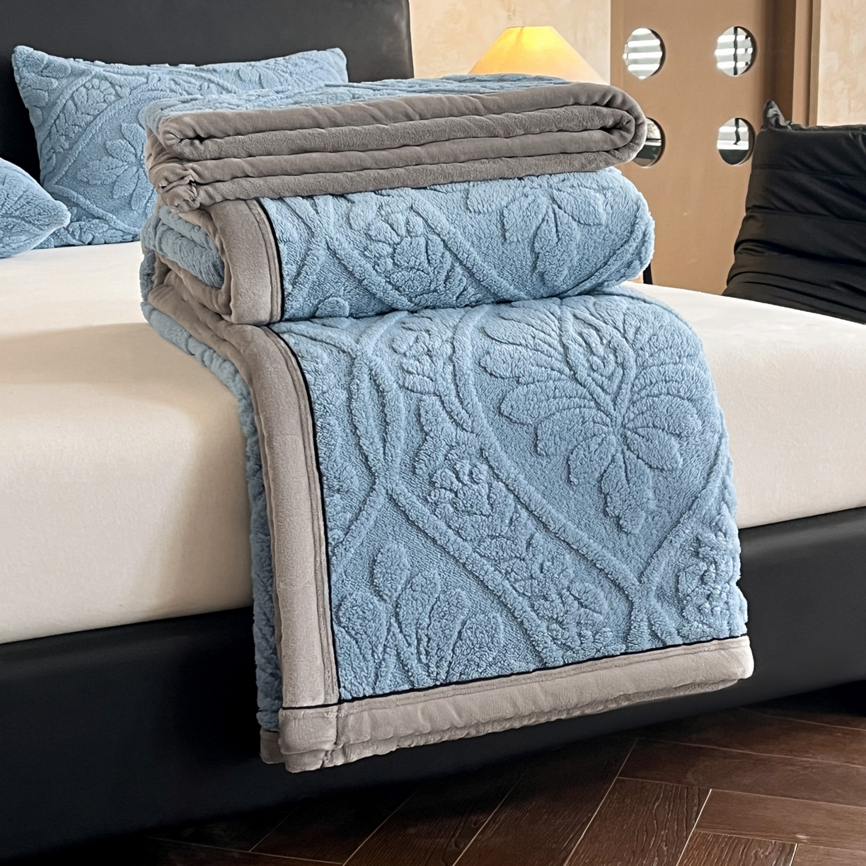 欧邦 2025新款A类提花舒棉绒双面绒半边绒单层毯毯子毛毯 午夜蓝