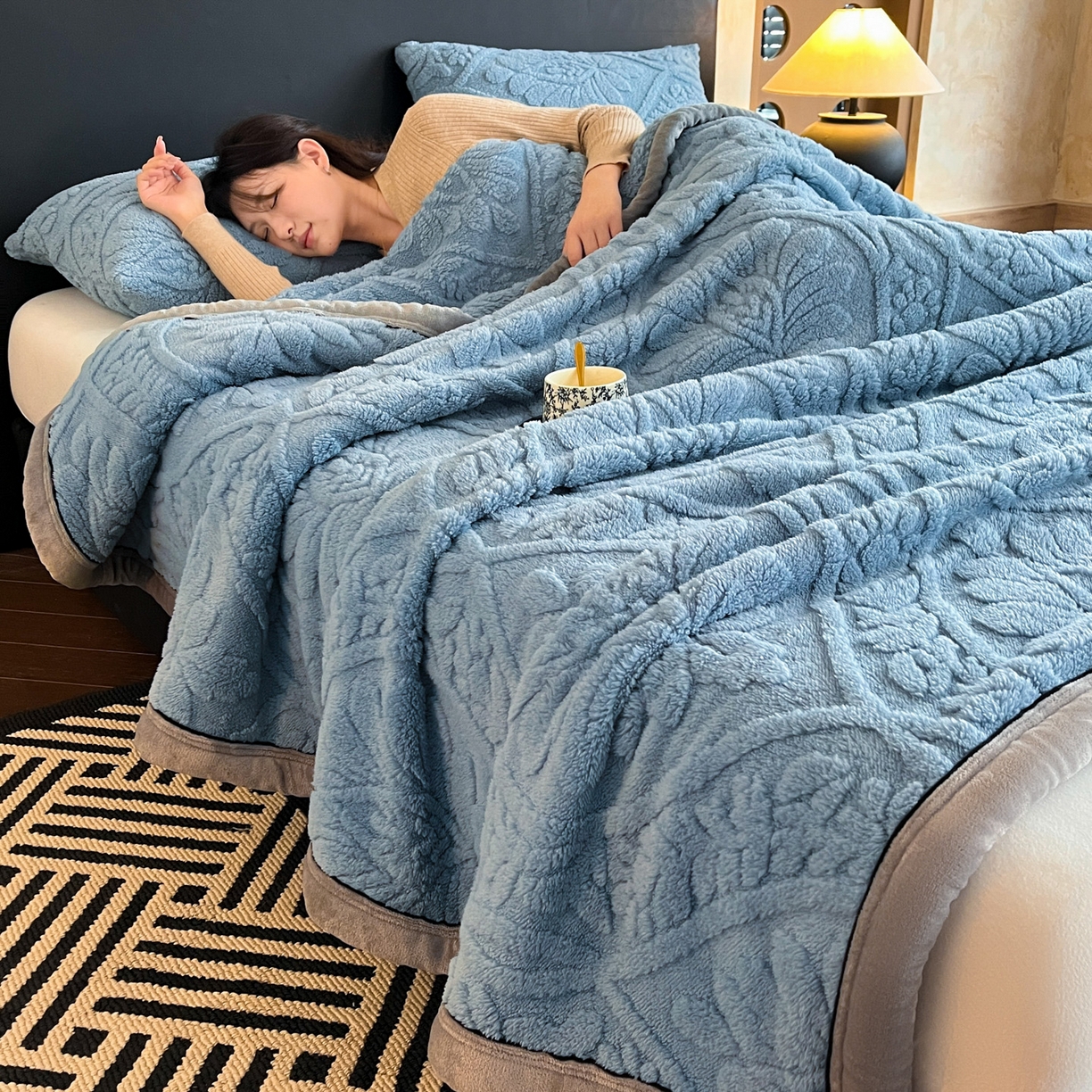 91家纺网 家纺一手货源 找家纺 欧邦 2025新款A类提花舒棉绒双面绒半边绒单层毯毯子毛毯 午夜蓝