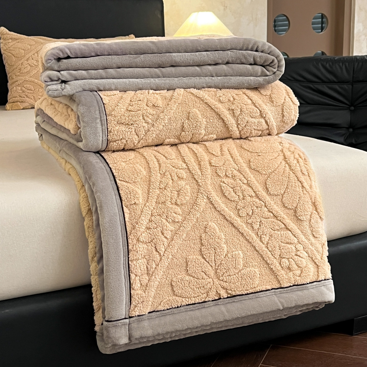 欧邦 2025新款A类提花舒棉绒双面绒半边绒单层毯毯子毛毯 香槟咖