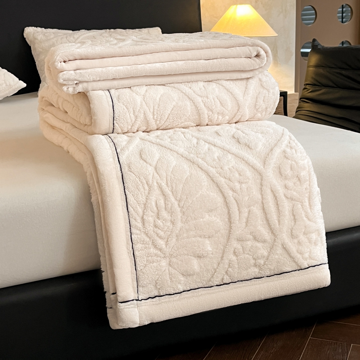 欧邦 2025新款A类提花舒棉绒双面绒半边绒单层毯毯子毛毯 象牙白