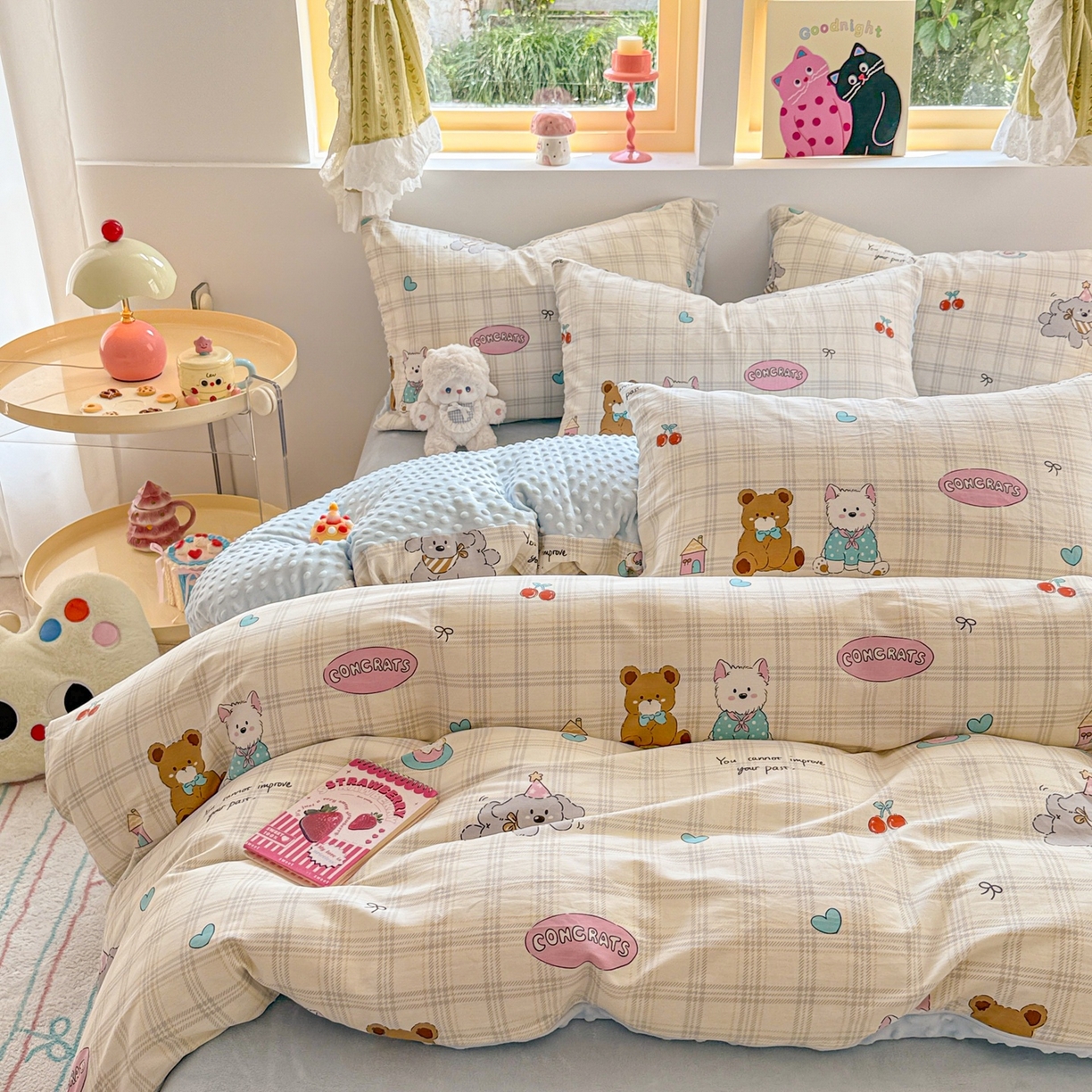 91家纺网 家纺一手货源 找家纺 简宜家居（朝初家纺） 2025新款全棉安抚豆豆绒卡通印花小清新四件套 萌宠格子铺