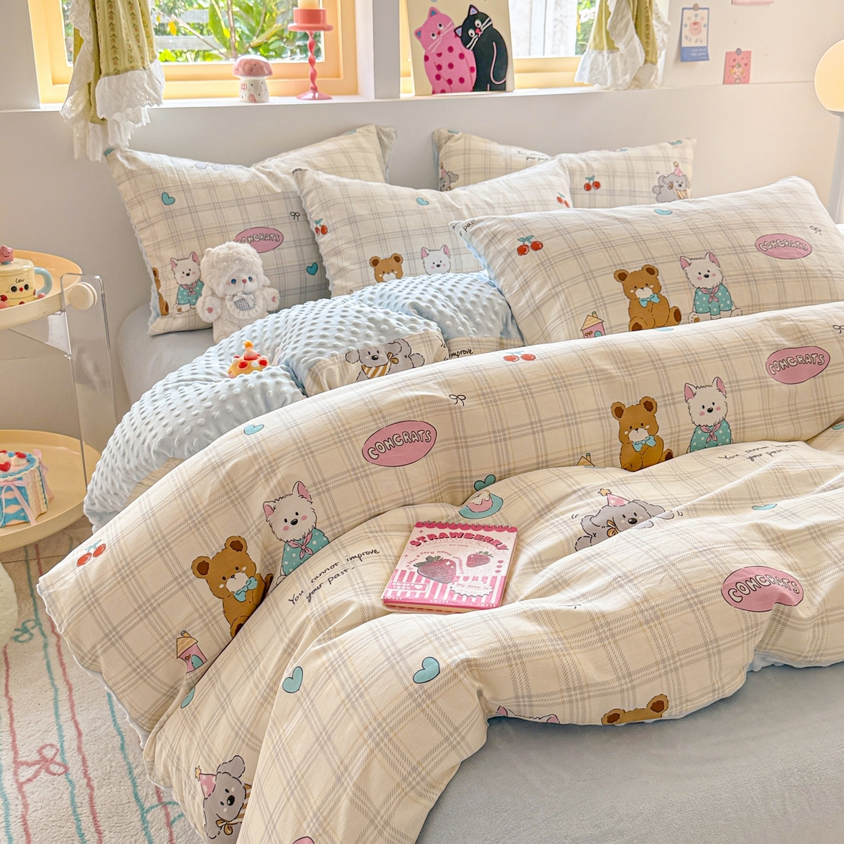 91家纺网 家纺一手货源 找家纺 简宜家居（朝初家纺） 2025新款全棉安抚豆豆绒卡通印花小清新四件套 萌宠格子铺