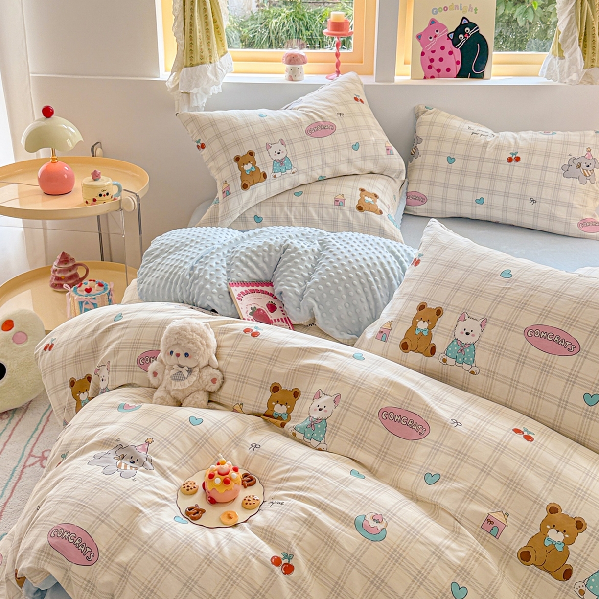 91家纺网 家纺一手货源 找家纺 简宜家居（朝初家纺） 2025新款全棉安抚豆豆绒卡通印花小清新四件套 萌宠格子铺
