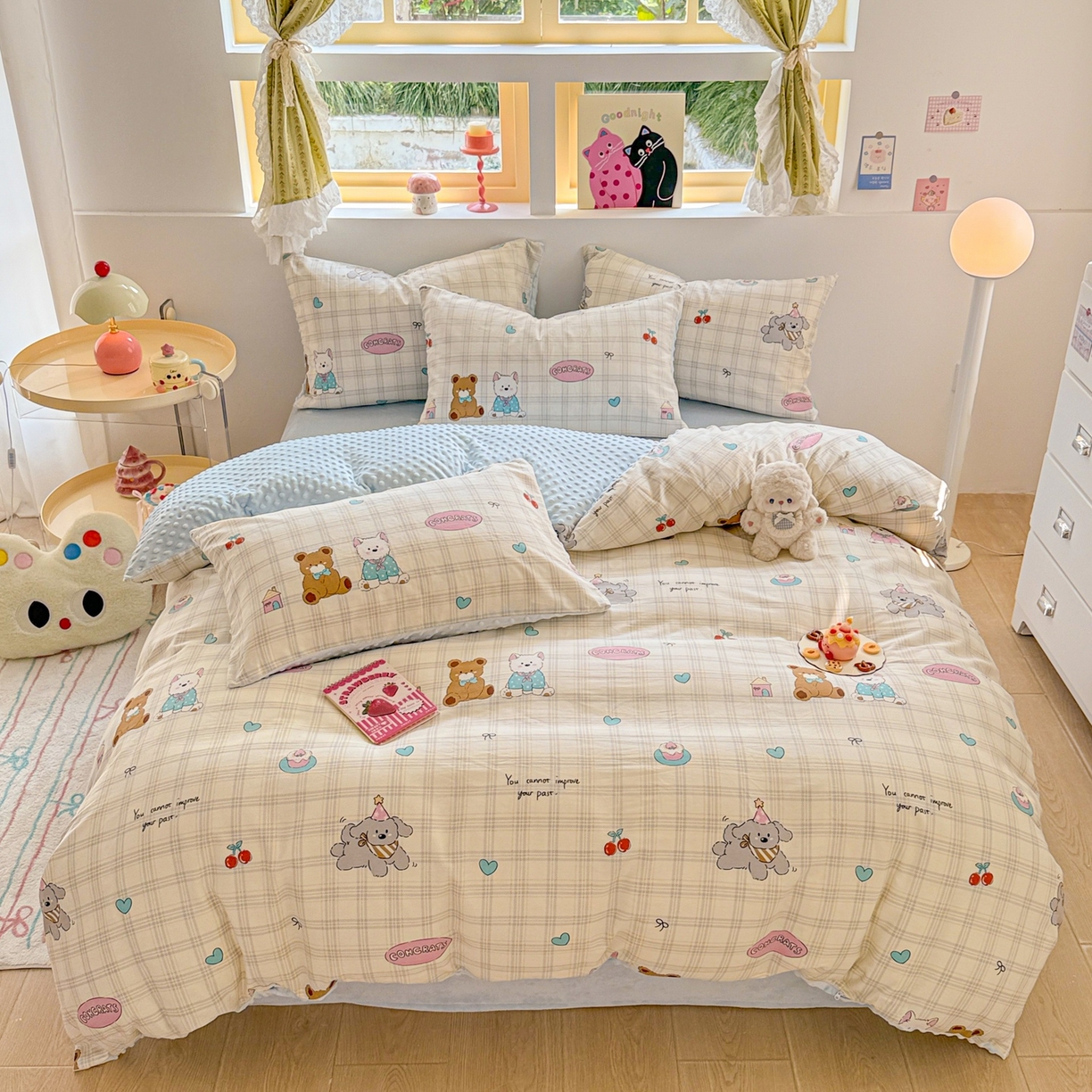 91家纺网 家纺一手货源 找家纺 简宜家居（朝初家纺） 2025新款全棉安抚豆豆绒卡通印花小清新四件套 萌宠格子铺