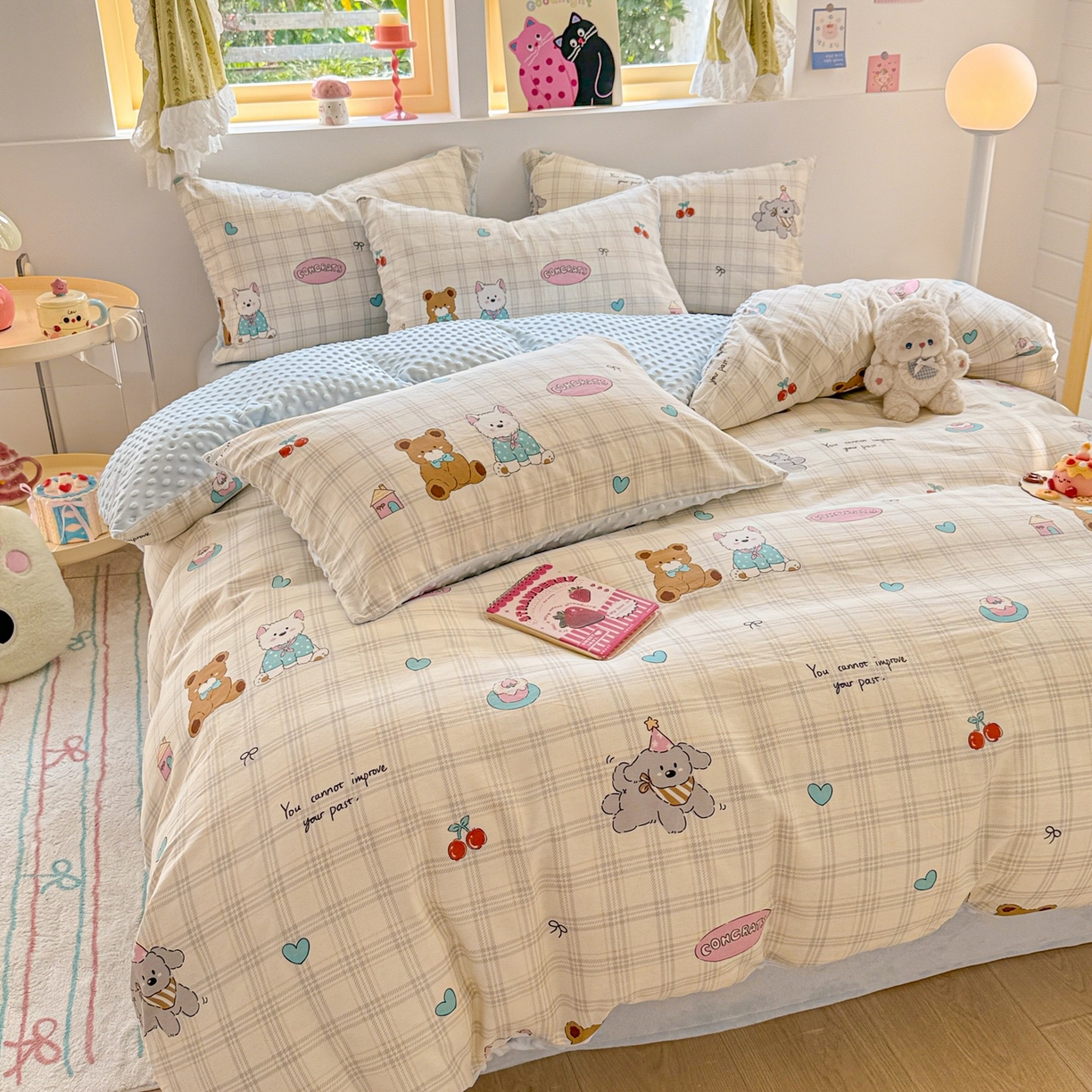 91家纺网 家纺一手货源 找家纺 简宜家居（朝初家纺） 2025新款全棉安抚豆豆绒卡通印花小清新四件套 萌宠格子铺