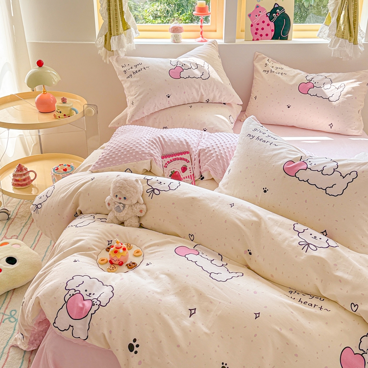 91家纺网 家纺一手货源 找家纺 简宜家居（朝初家纺） 2025新款全棉安抚豆豆绒卡通印花小清新四件套 奶萌狗