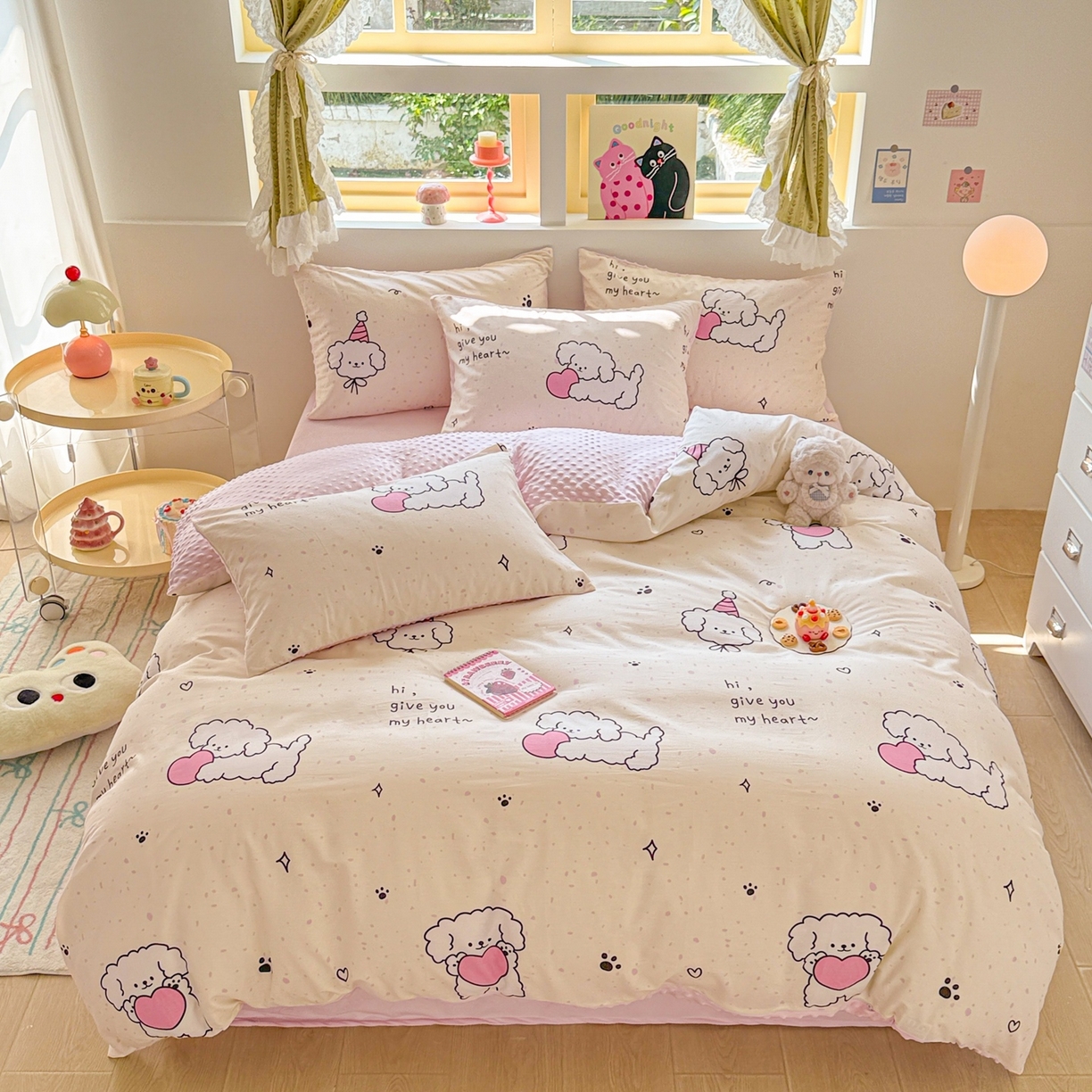 91家纺网 家纺一手货源 找家纺 简宜家居（朝初家纺） 2025新款全棉安抚豆豆绒卡通印花小清新四件套 奶萌狗