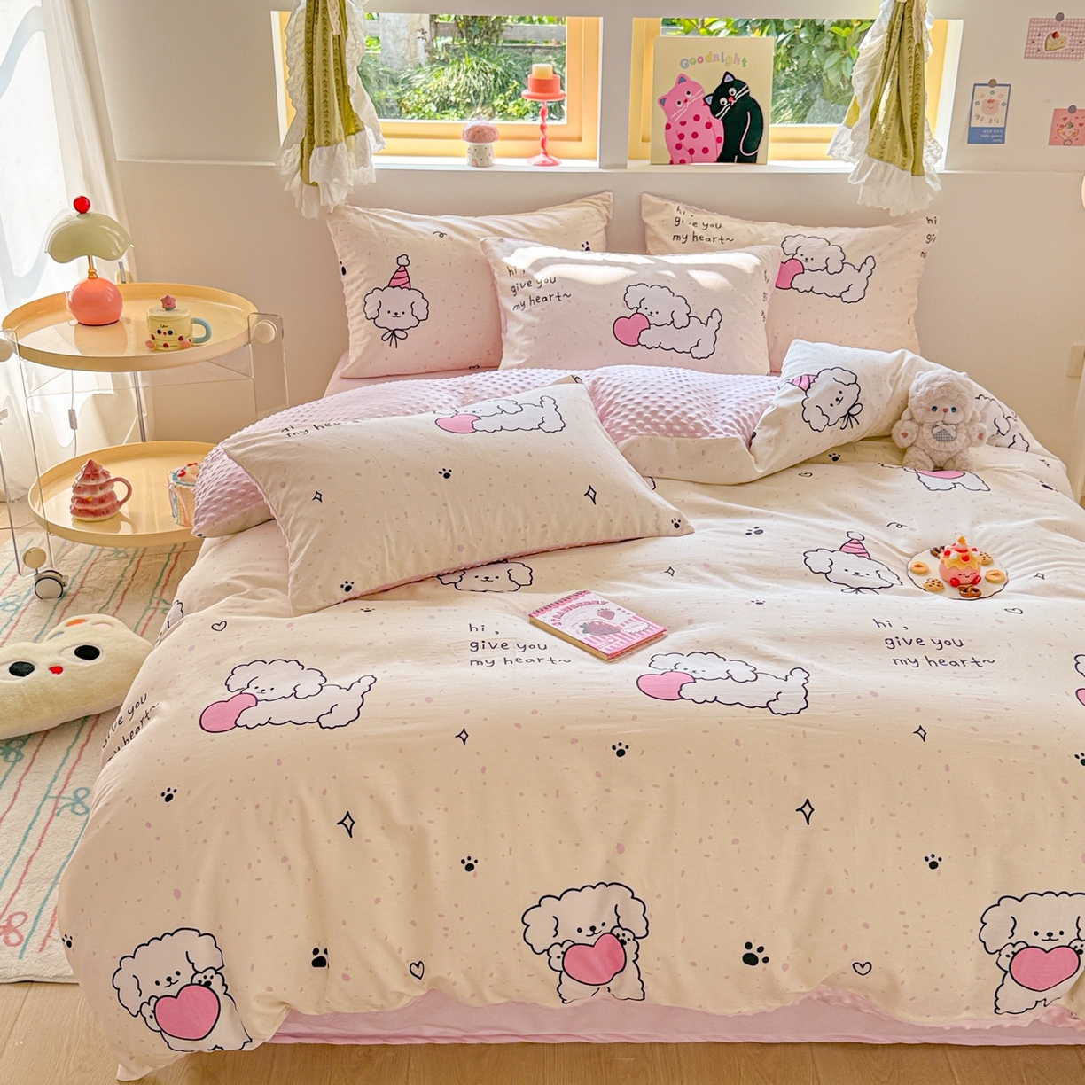 91家纺网 家纺一手货源 找家纺 简宜家居（朝初家纺） 2025新款全棉安抚豆豆绒卡通印花小清新四件套 奶萌狗