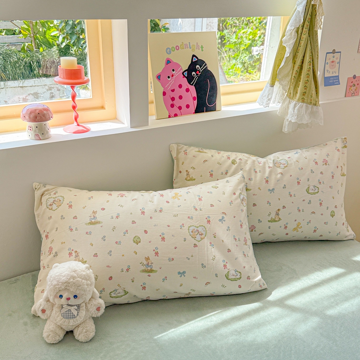 91家纺网 家纺一手货源 找家纺 简宜家居（朝初家纺） 2025新款全棉安抚豆豆绒卡通印花小清新四件套 兔与花笺