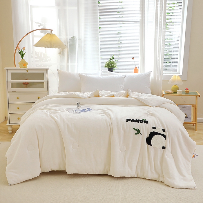 91家纺网 家纺一手货源 找家纺 贝兰仙奴 2025新款全棉皱皱纱毛巾绣大豆被被子被芯 萌萌熊