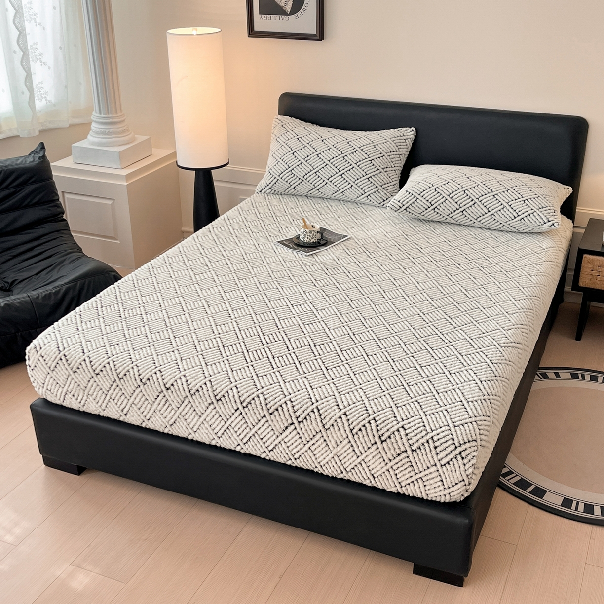 91家纺网 家纺一手货源 找家纺 欧邦 2025新款提花暖阳舒棉绒单床笠-梦境 梦境-幻白