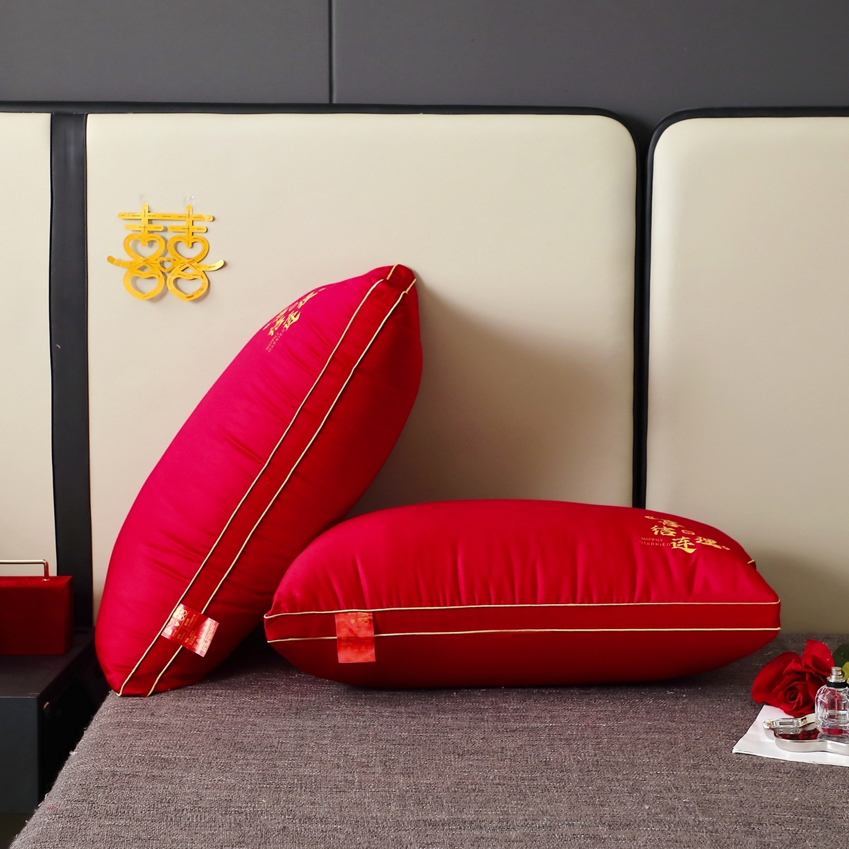 91家纺网 家纺一手货源 找家纺 （总）糖果枕芯 2025新款全棉烫画婚庆枕芯系列-喜结连理