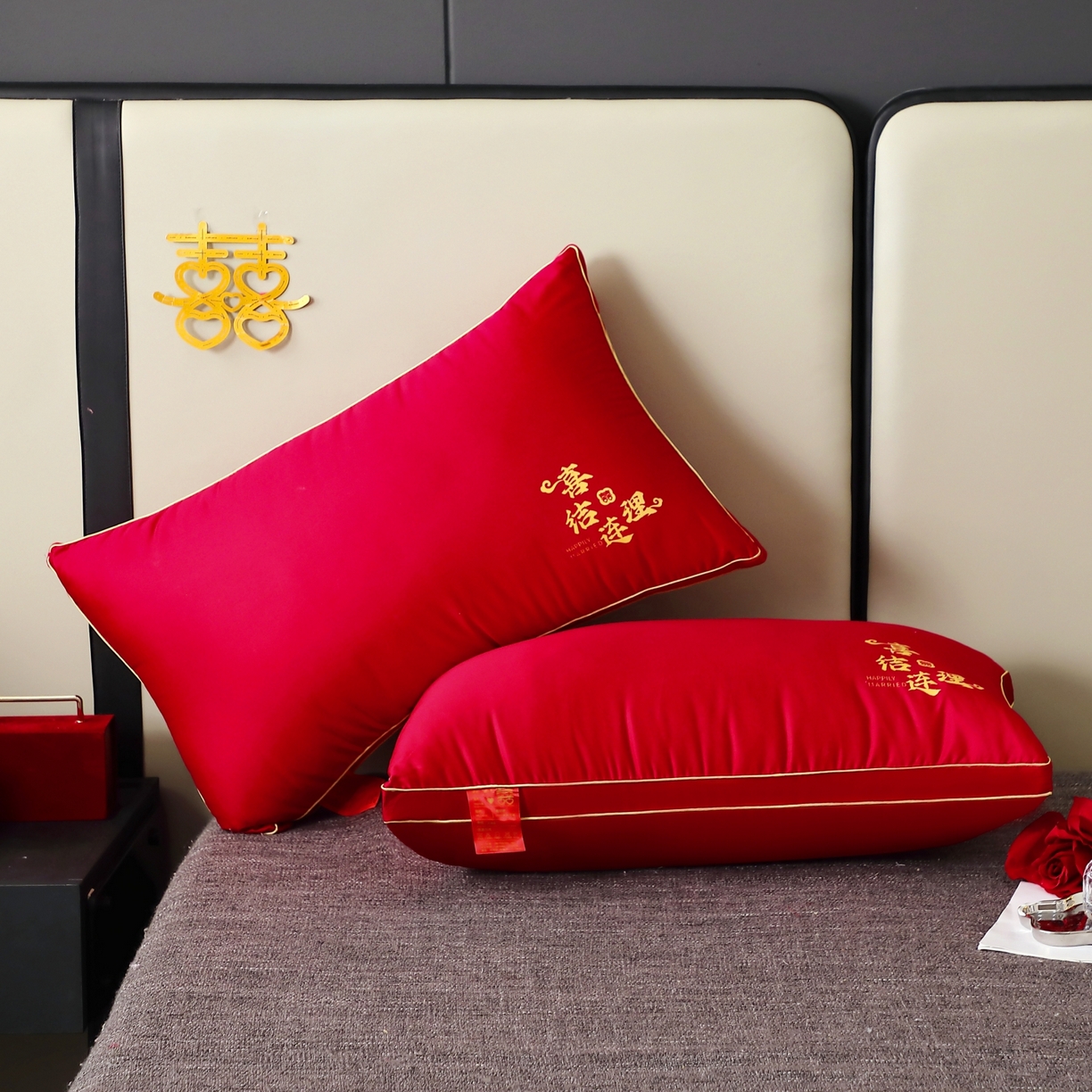 91家纺网 家纺一手货源 找家纺 （总）糖果枕芯 2025新款全棉烫画婚庆枕芯系列-喜结连理