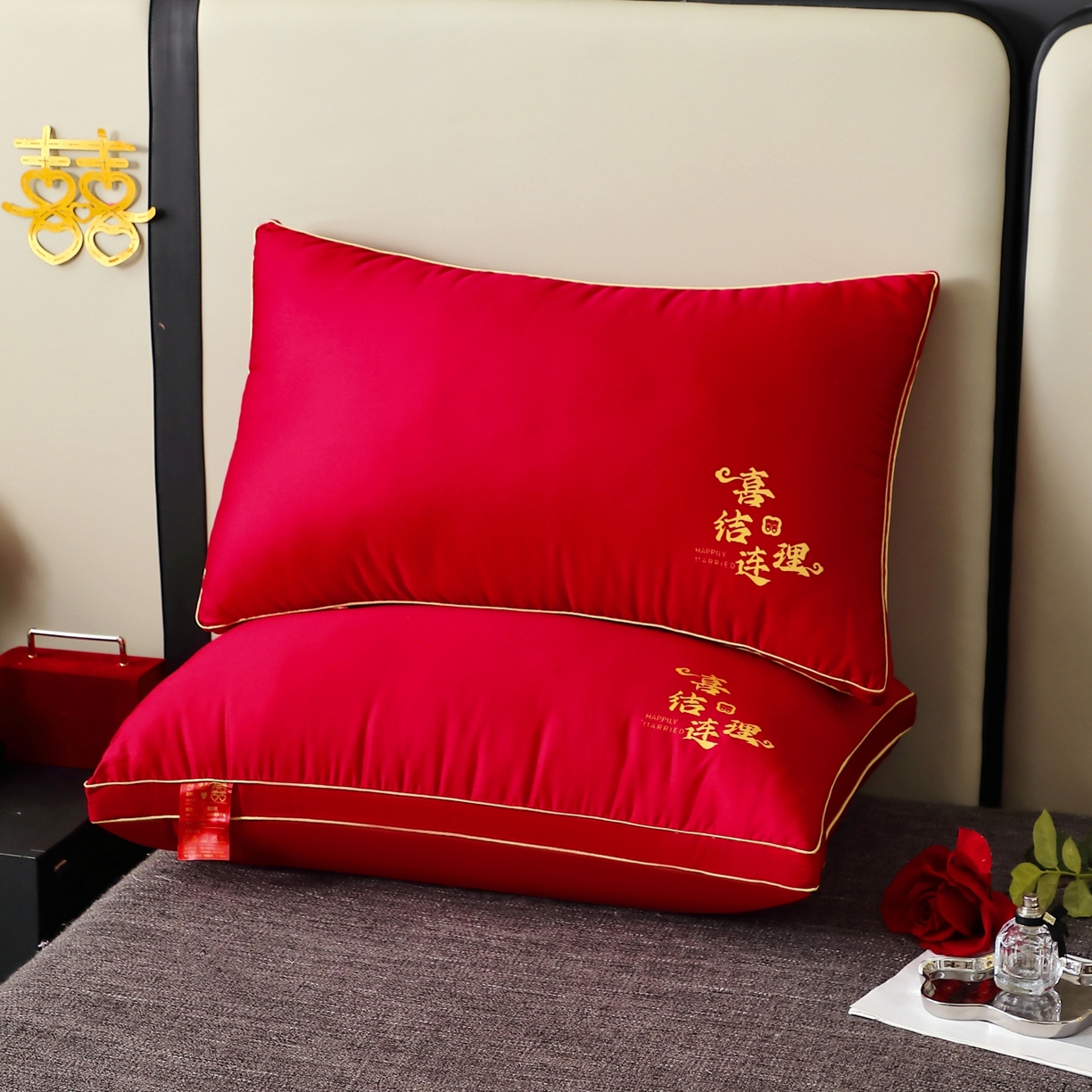 91家纺网 家纺一手货源 找家纺 （总）糖果枕芯 2025新款全棉烫画婚庆枕芯系列-喜结连理