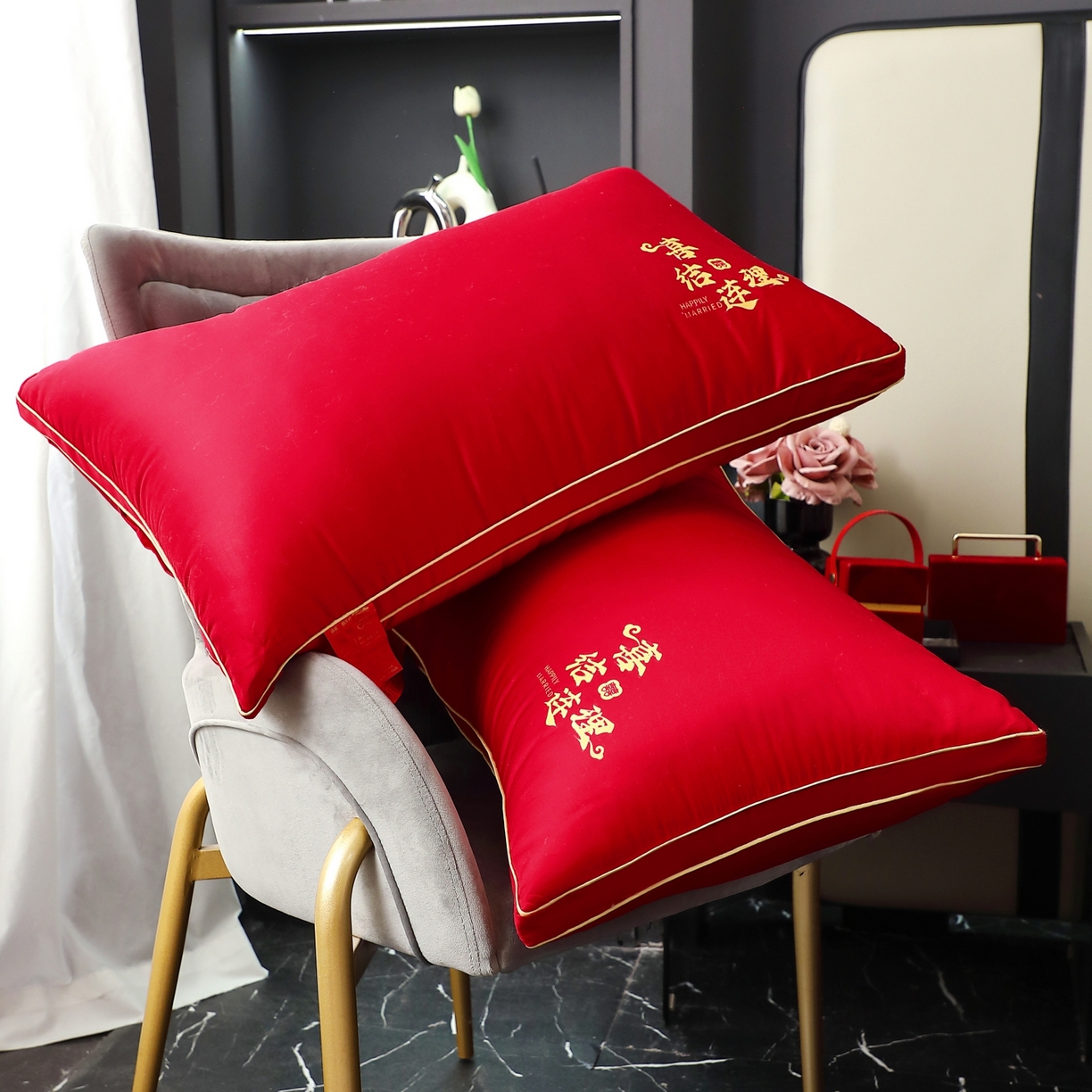 91家纺网 家纺一手货源 找家纺 （总）糖果枕芯 2025新款全棉烫画婚庆枕芯系列-喜结连理