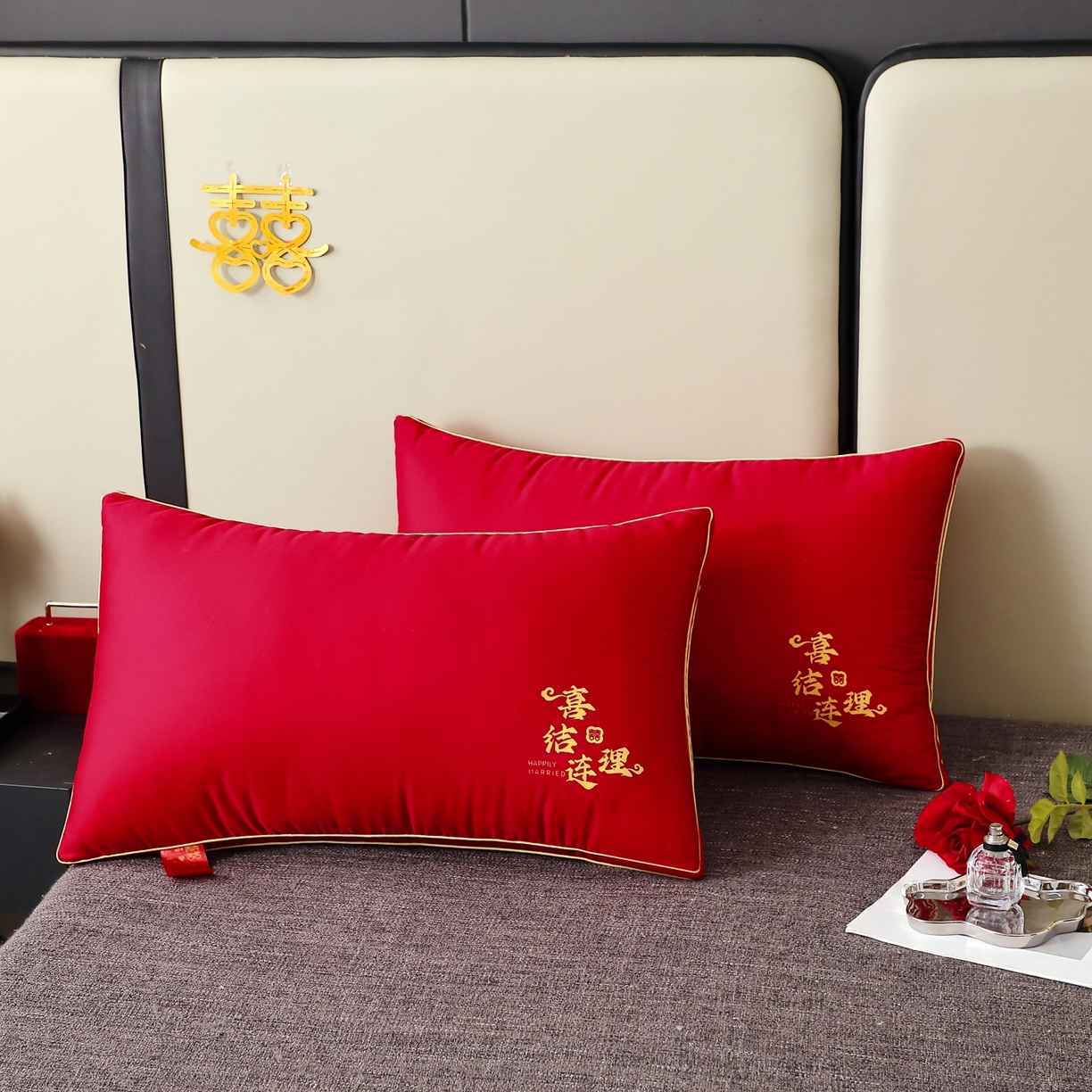 91家纺网 家纺一手货源 找家纺 （总）糖果枕芯 2025新款全棉烫画婚庆枕芯系列-喜结连理