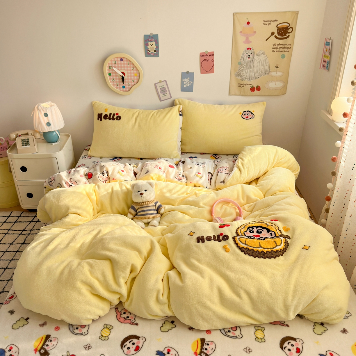 三元色 2025新款牛奶绒绣花毛巾绣四件套 牛奶绒榴莲小新