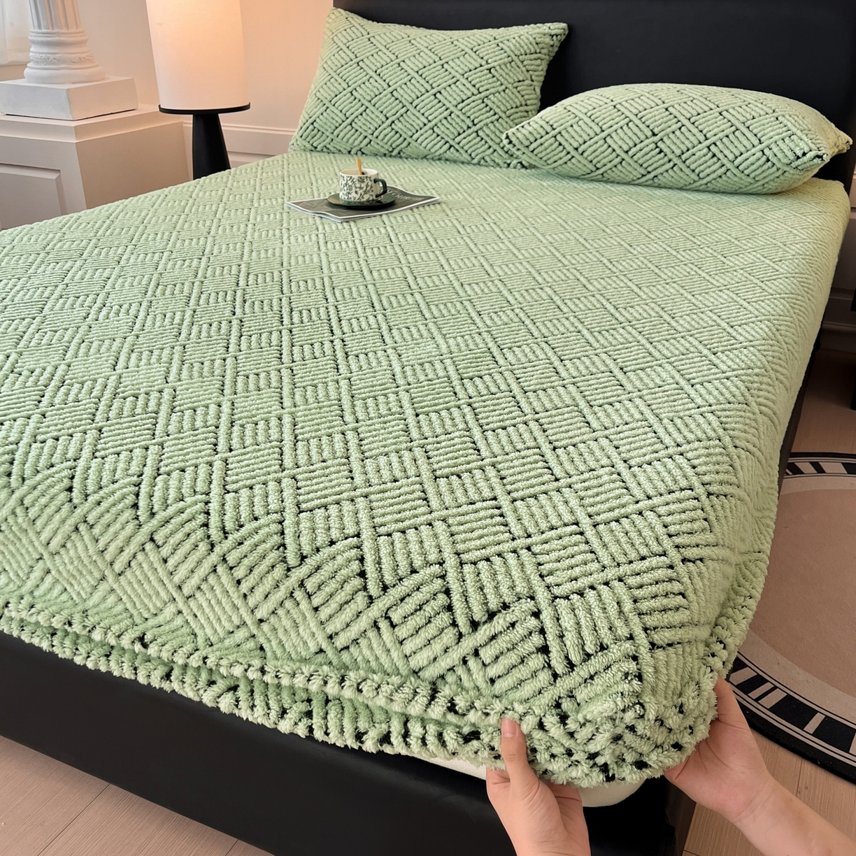 91家纺网 家纺一手货源 找家纺 欧邦 2025新款提花暖阳舒棉绒单床笠-梦境 梦境-桑绿