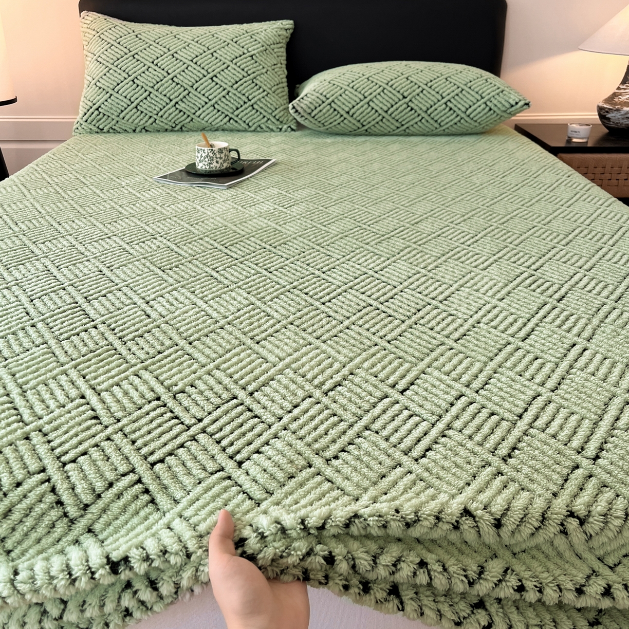 91家纺网 家纺一手货源 找家纺 欧邦 2025新款提花暖阳舒棉绒单床笠-梦境 梦境-桑绿