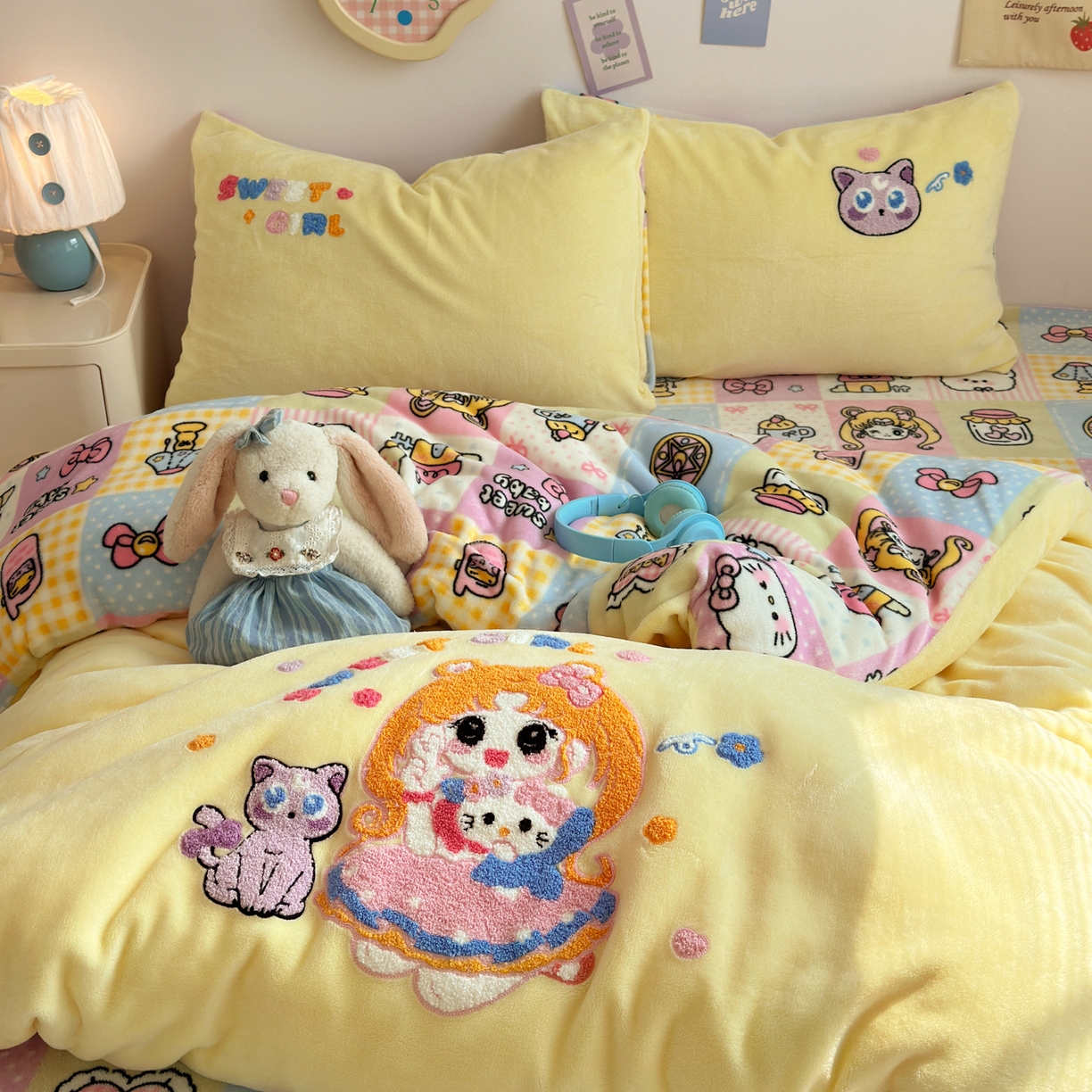 91家纺网 家纺一手货源 找家纺 三元色 2025新款牛奶绒绣花毛巾绣四件套 牛奶绒甜心美少女