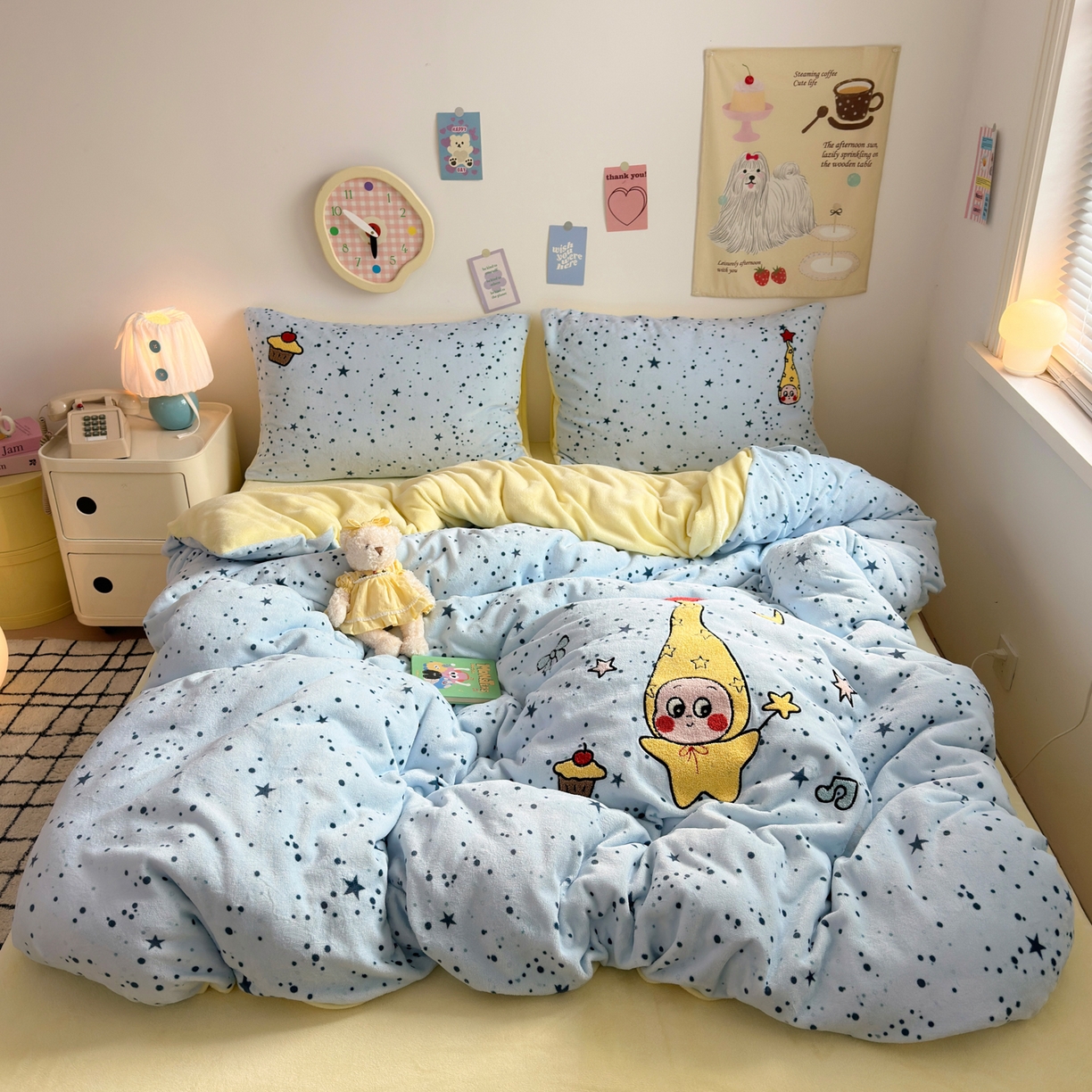 三元色 2025新款牛奶绒绣花毛巾绣四件套 牛奶绒星星人