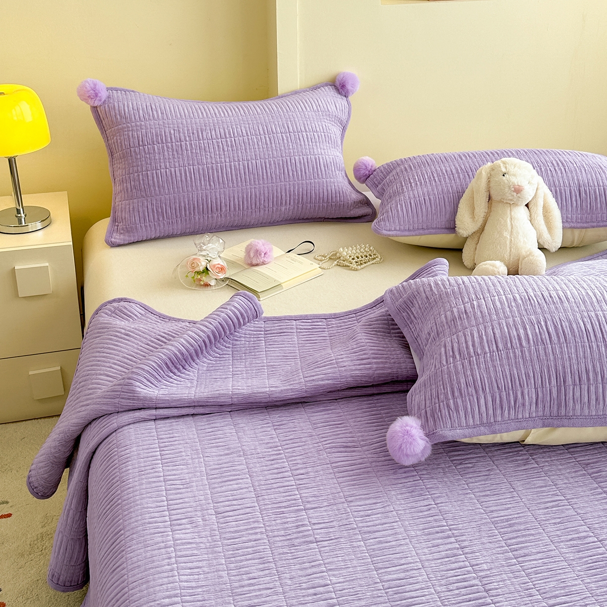 91家纺网 家纺一手货源 找家纺 （总）寐居家纺 2025新款婴儿皱皱绒纯色床盖三件套