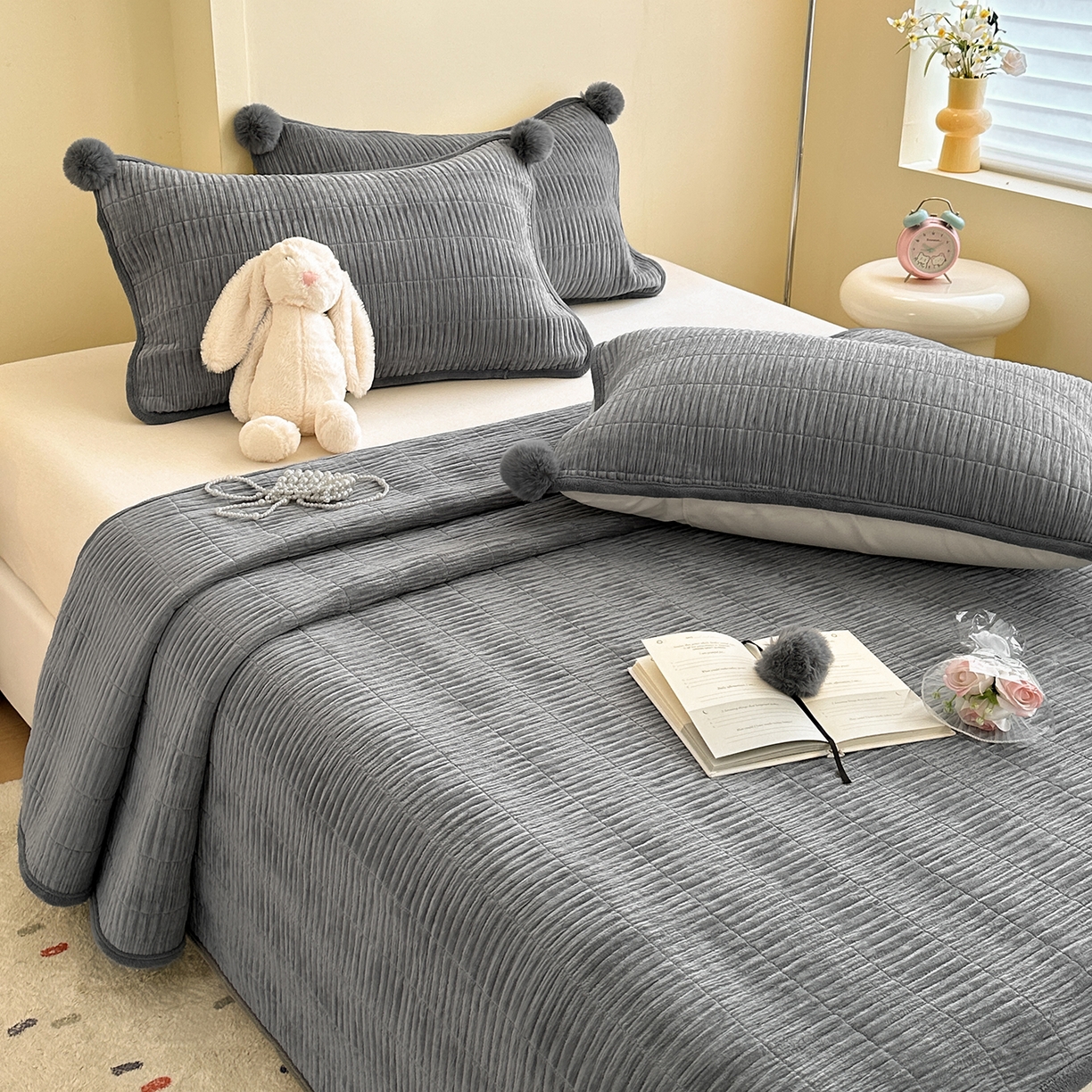 寐居家纺 2025新款婴儿皱皱绒纯色床盖三件套 青岚-星夜灰