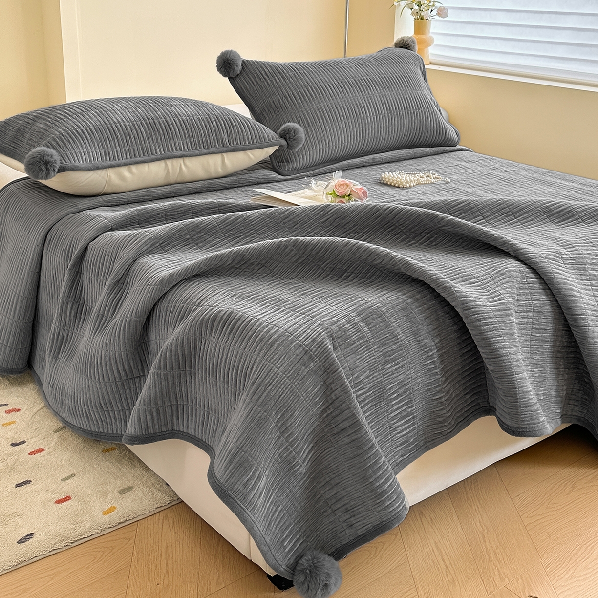 91家纺网 家纺一手货源 找家纺 寐居家纺 2025新款婴儿皱皱绒纯色床盖三件套 青岚-星夜灰