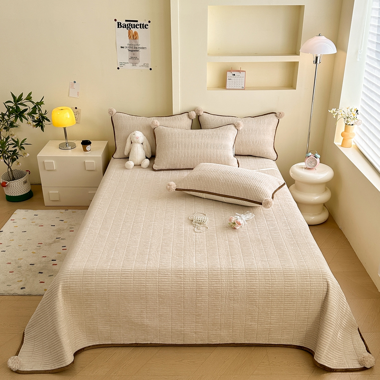 91家纺网 家纺一手货源 找家纺 寐居家纺 2025新款婴儿皱皱绒纯色床盖三件套 青岚-杏仁白