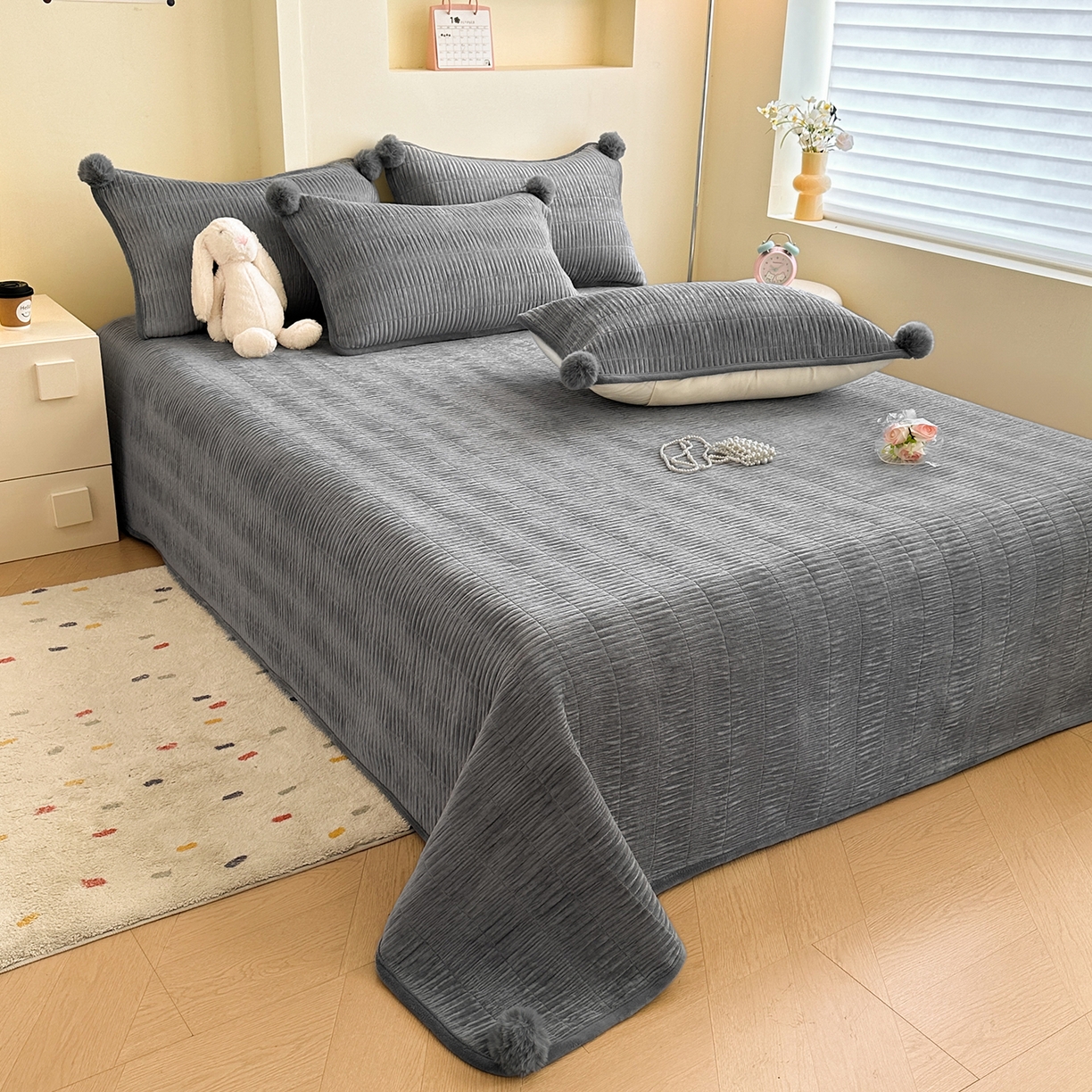 91家纺网 家纺一手货源 找家纺 寐居家纺 2025新款婴儿皱皱绒纯色床盖三件套 青岚-星夜灰