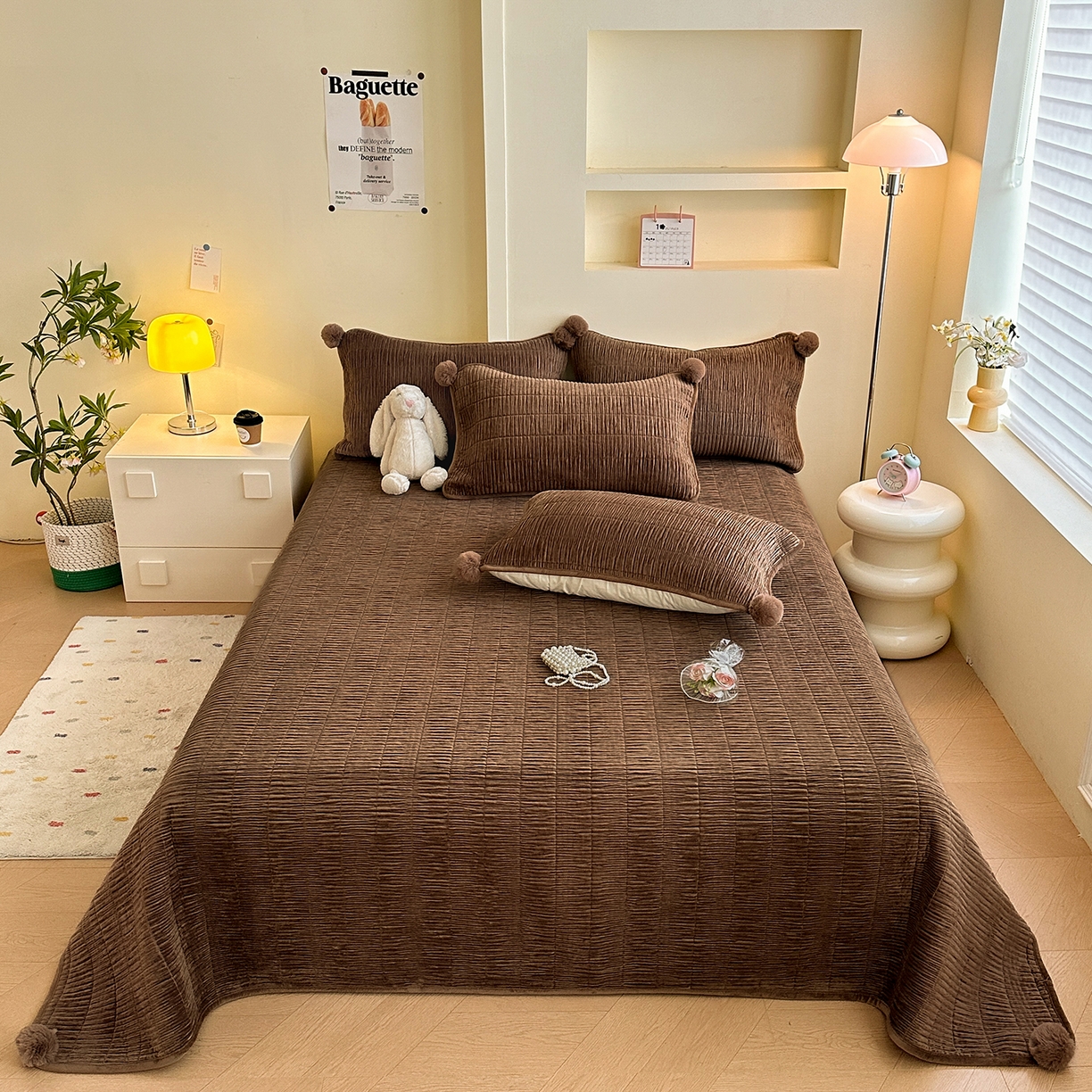 91家纺网 家纺一手货源 找家纺 寐居家纺 2025新款婴儿皱皱绒纯色床盖三件套 青岚-枫塘棕