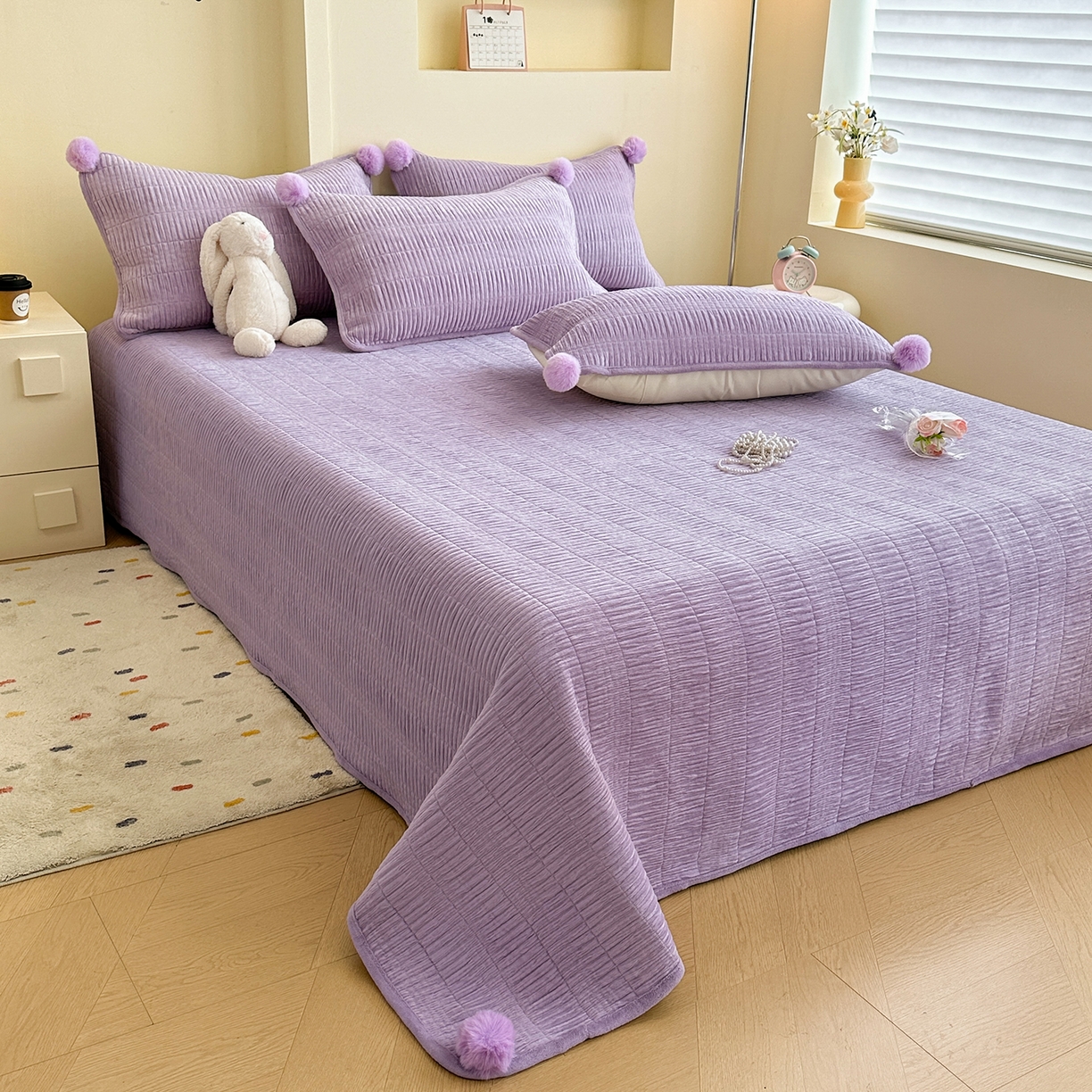 91家纺网 家纺一手货源 找家纺 寐居家纺 2025新款婴儿皱皱绒纯色床盖三件套 青岚-芙蓉紫