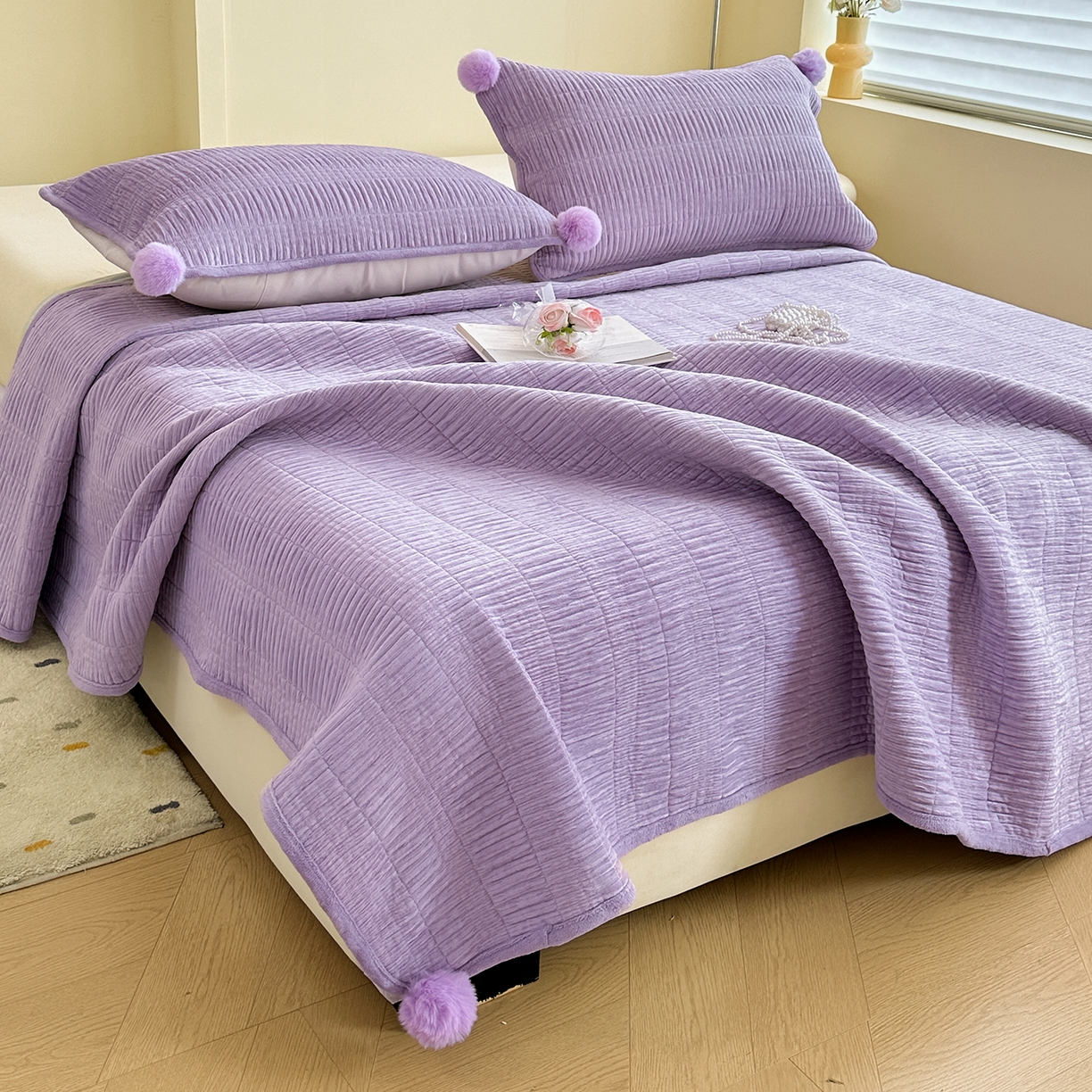 91家纺网 家纺一手货源 找家纺 寐居家纺 2025新款婴儿皱皱绒纯色床盖三件套 青岚-芙蓉紫