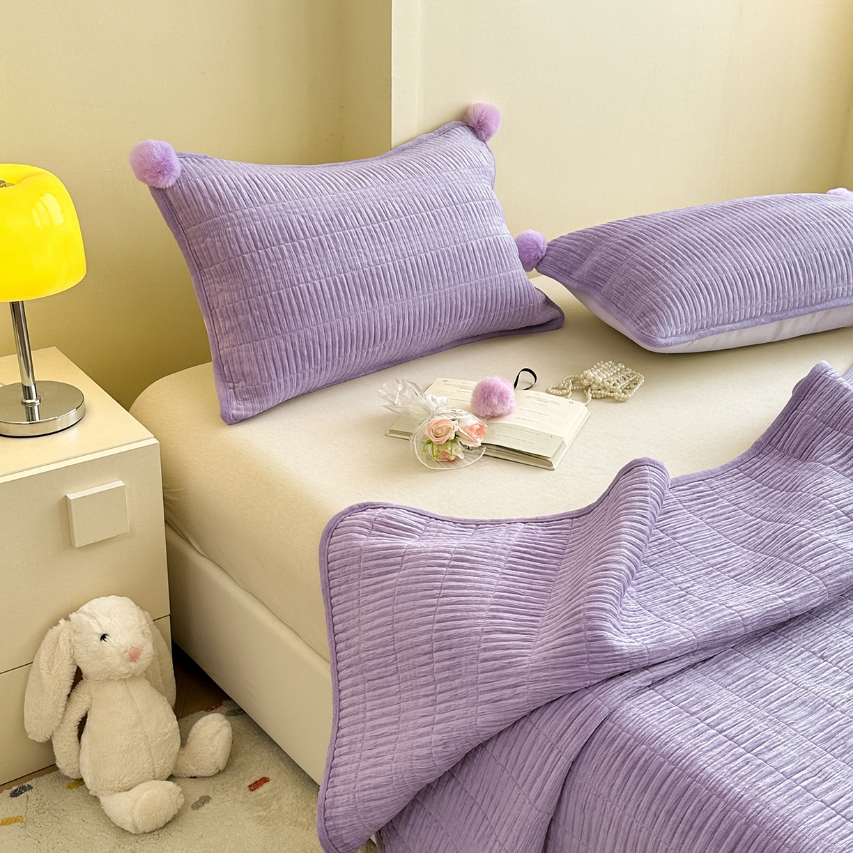 91家纺网 家纺一手货源 找家纺 寐居家纺 2025新款婴儿皱皱绒纯色床盖三件套 青岚-芙蓉紫