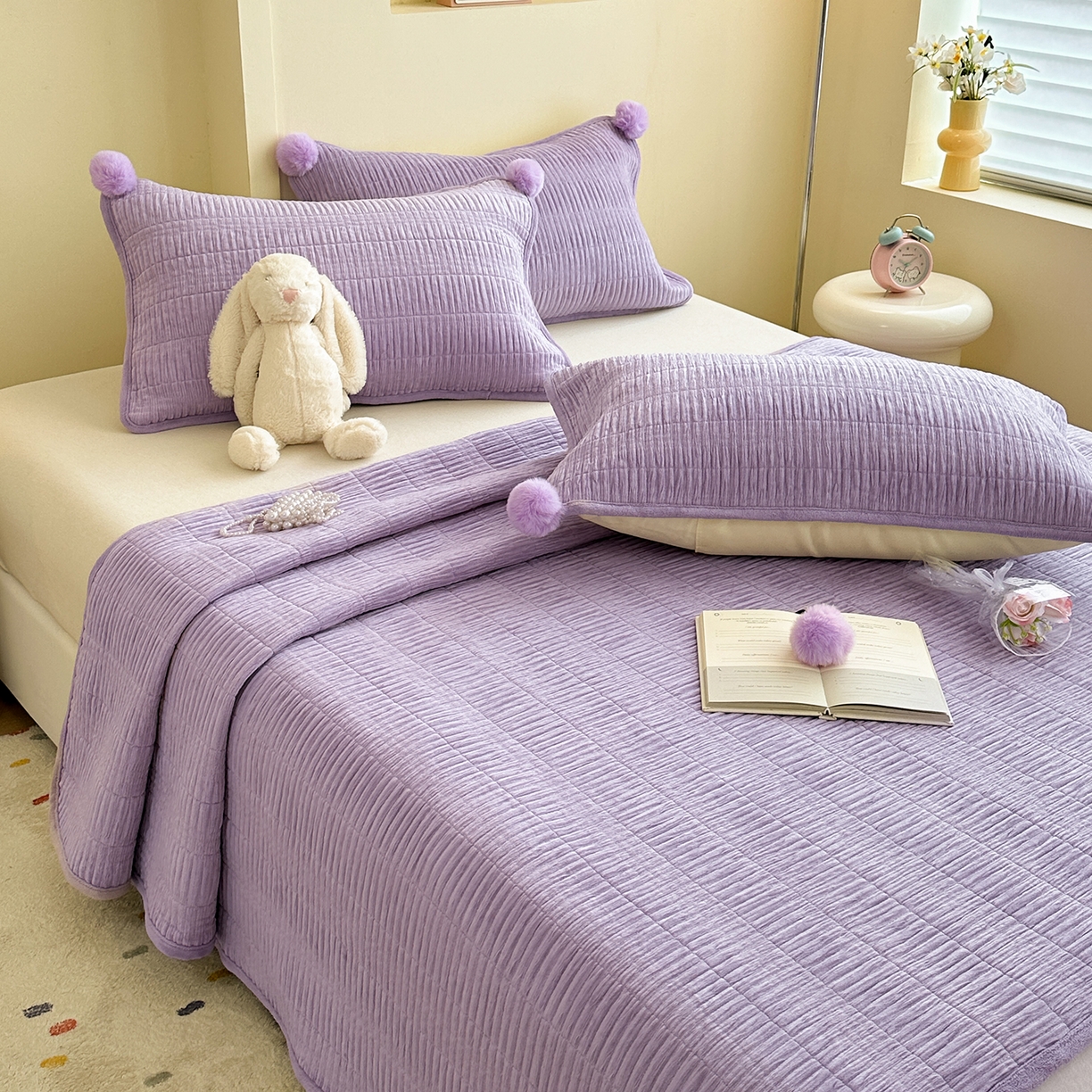 寐居家纺 2025新款婴儿皱皱绒纯色床盖三件套 青岚-芙蓉紫