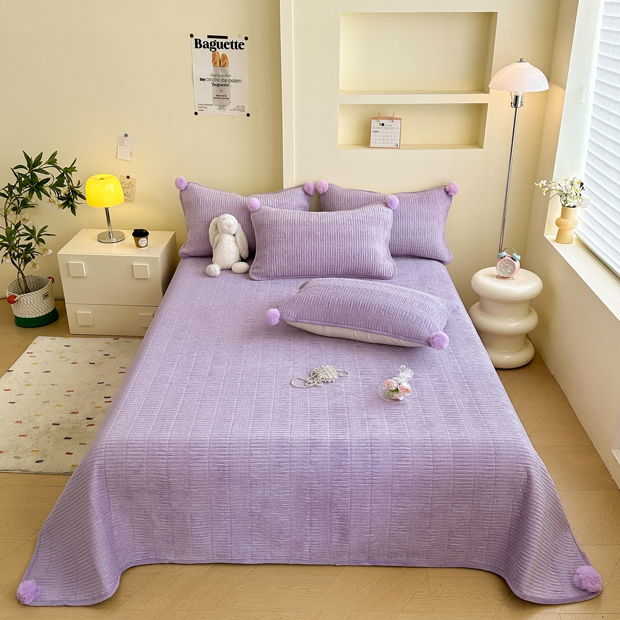 91家纺网 家纺一手货源 找家纺 寐居家纺 2025新款婴儿皱皱绒纯色床盖三件套 青岚-芙蓉紫