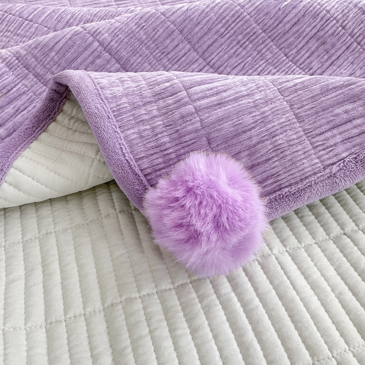 91家纺网 家纺一手货源 找家纺 寐居家纺 2025新款婴儿皱皱绒纯色床盖三件套 青岚-芙蓉紫