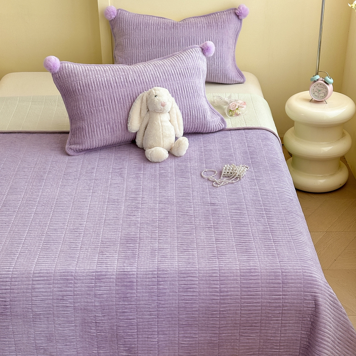 91家纺网 家纺一手货源 找家纺 寐居家纺 2025新款婴儿皱皱绒纯色床盖三件套 青岚-芙蓉紫