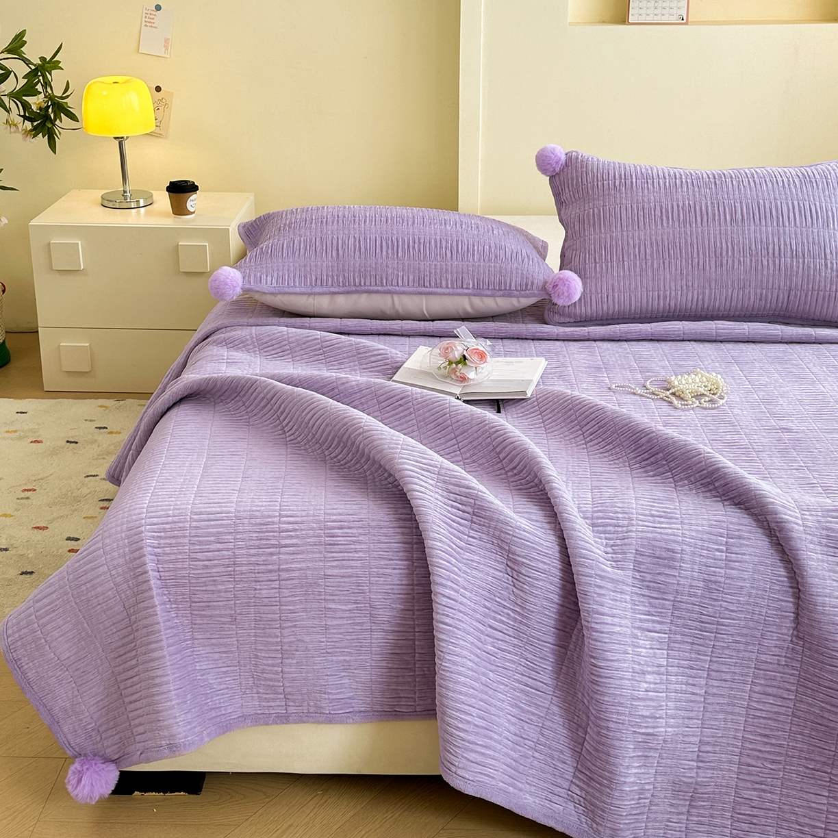 91家纺网 家纺一手货源 找家纺 寐居家纺 2025新款婴儿皱皱绒纯色床盖三件套 青岚-芙蓉紫