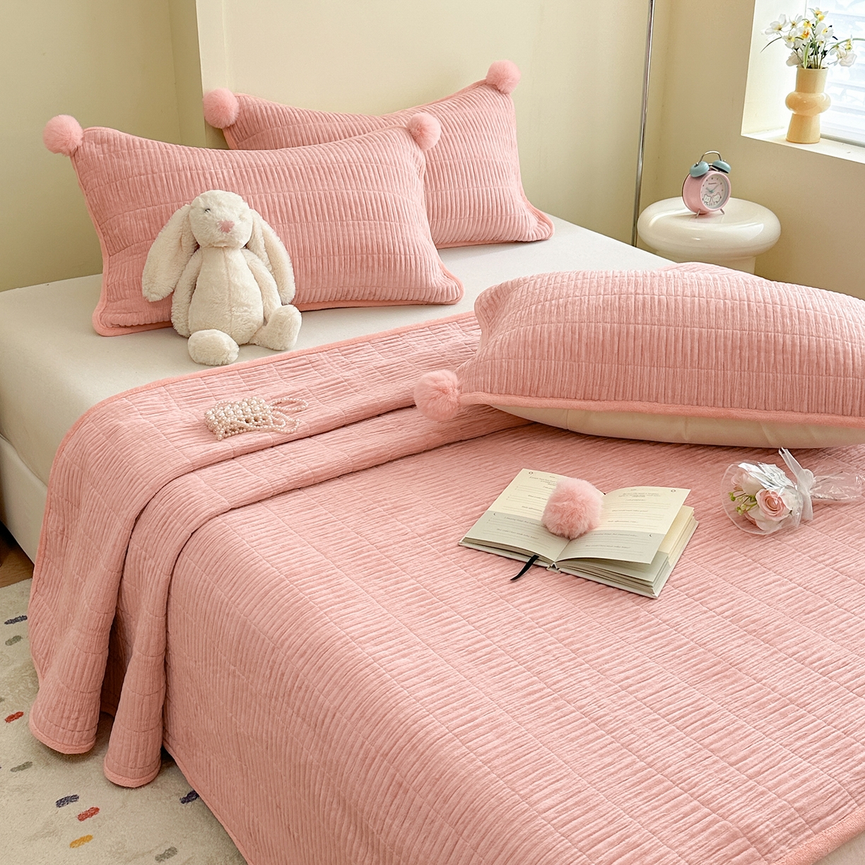 寐居家纺 2025新款婴儿皱皱绒纯色床盖三件套 青岚-木槿粉